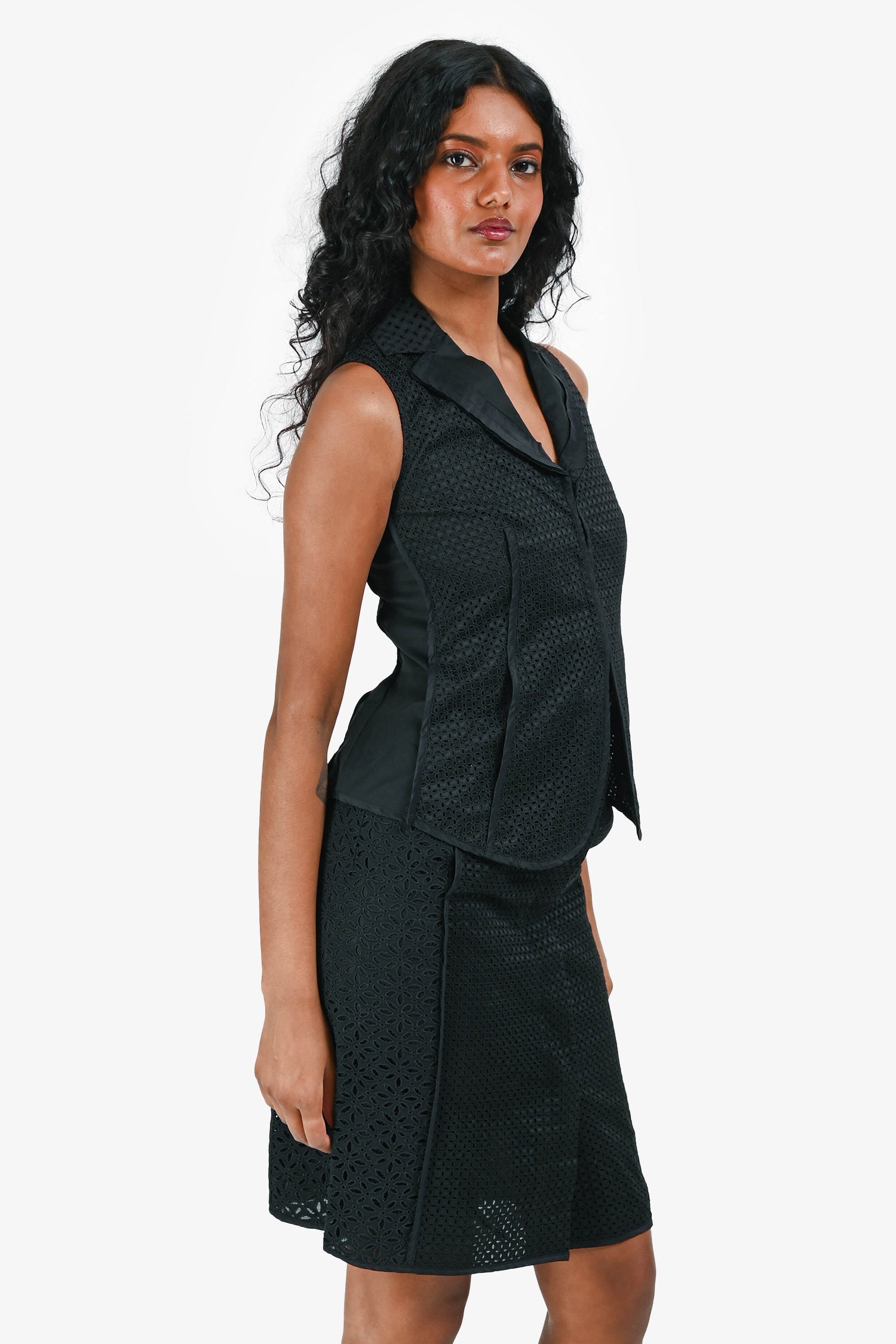 Louis Vuitton Black Eyelet Lace Vest Size 34 + Midi Skirt Size 36 Set