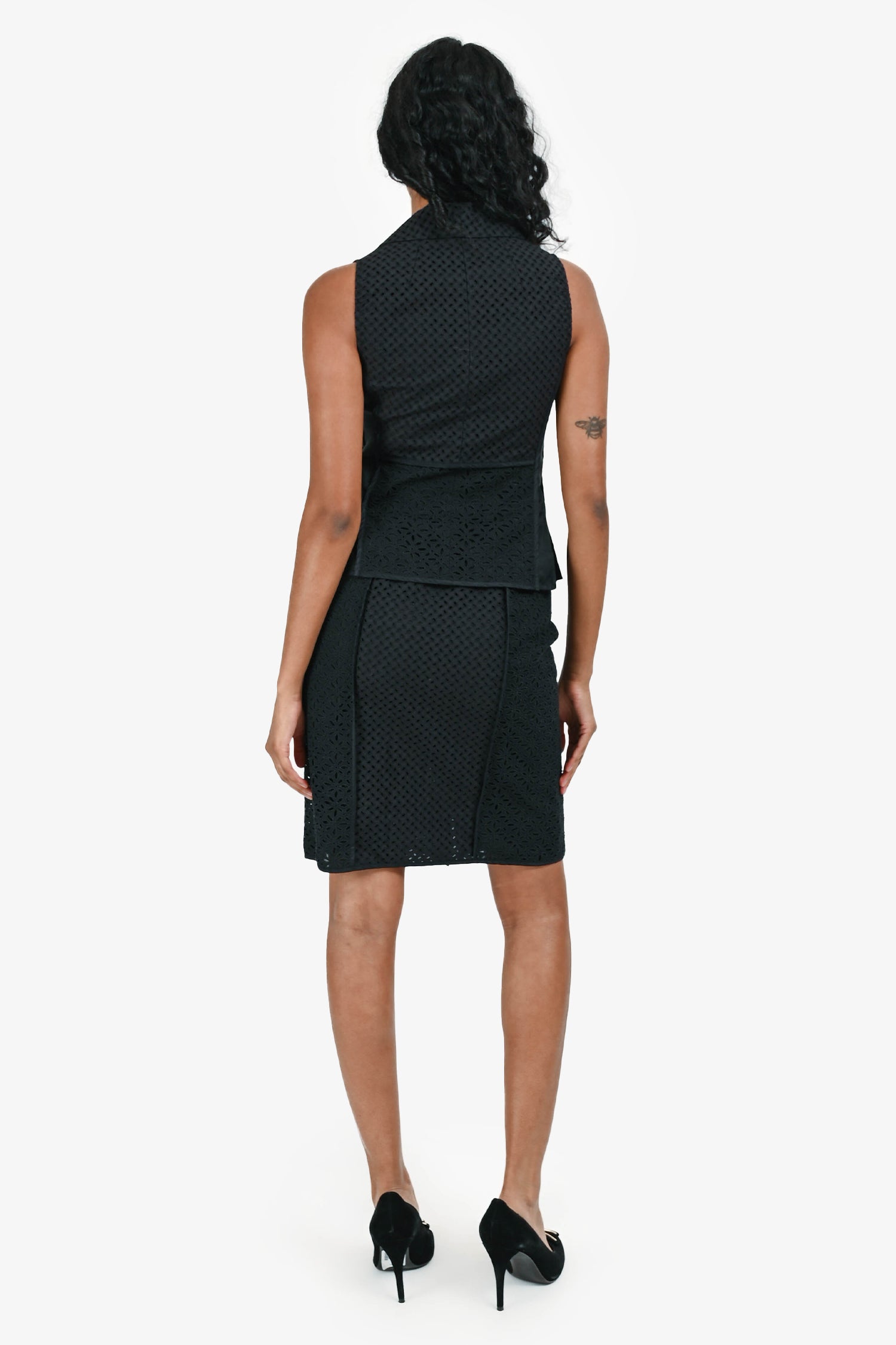 Louis Vuitton Black Eyelet Lace Vest Size 34 + Midi Skirt Size 36 Set