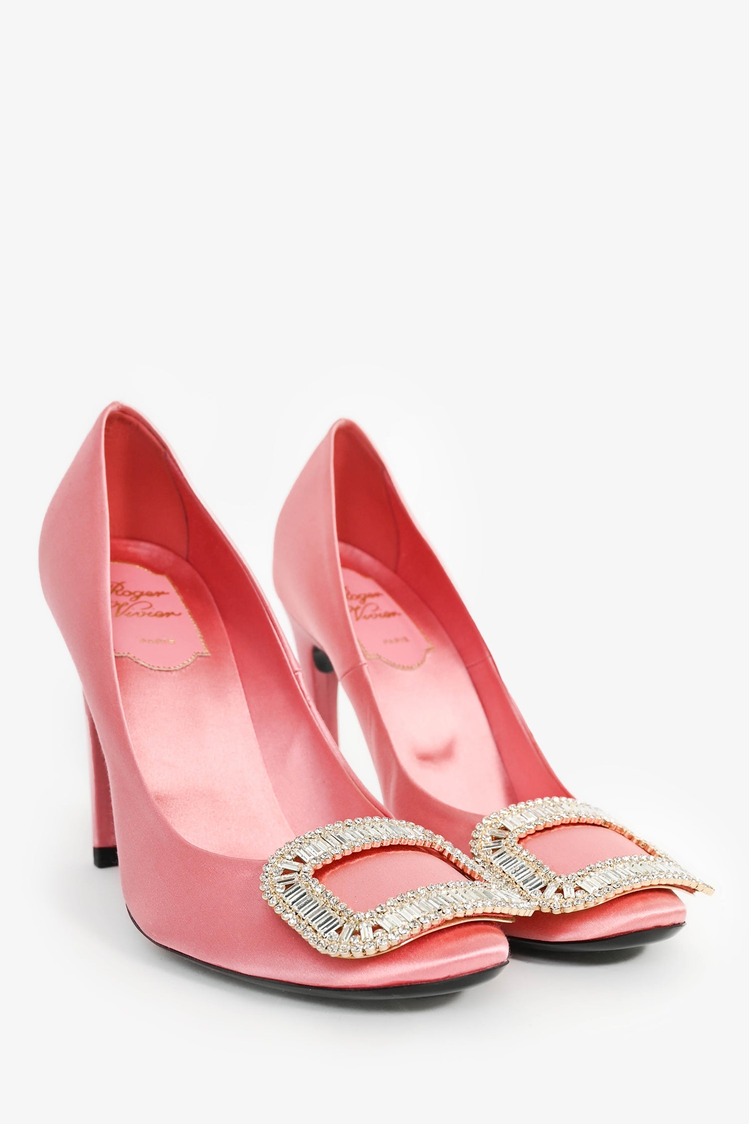 Roger Vivier Pink Satin Crystal Buckle 'Trompette' Heels Size 36