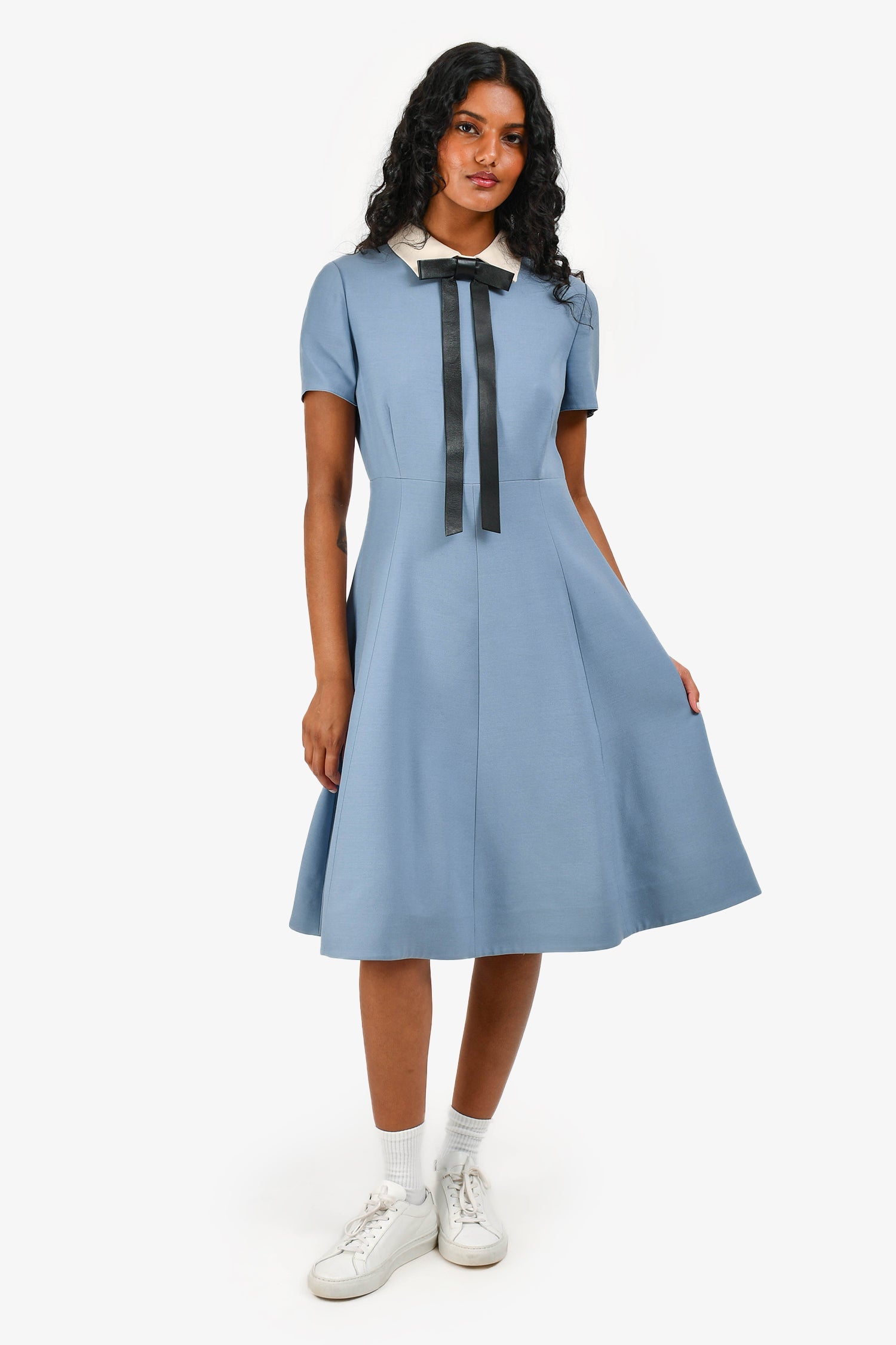 Valentino Blue Virgin Wool/Silk Collared Dress with Black Leather Bow Size 8