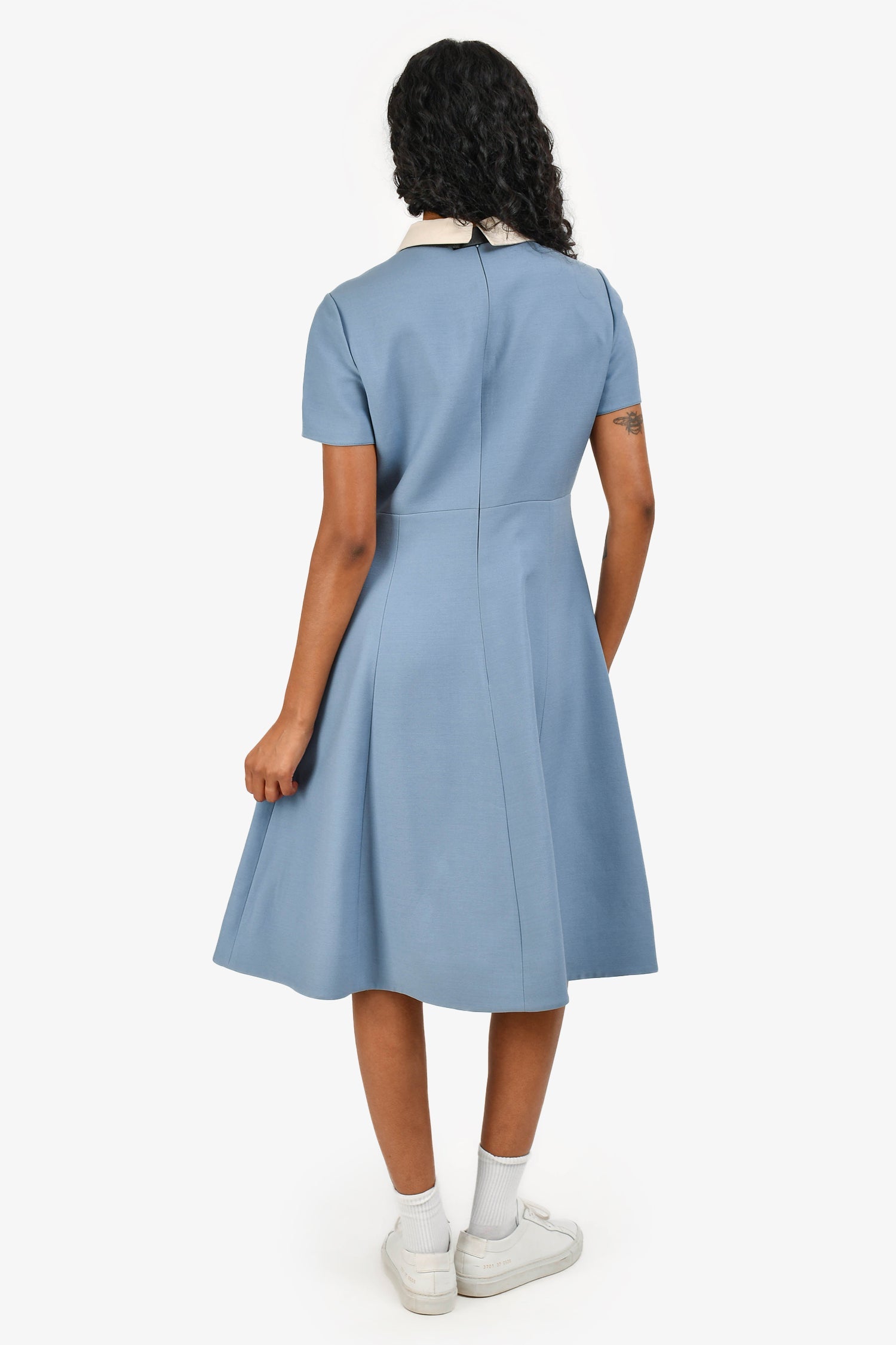 Valentino Blue Virgin Wool/Silk Collared Dress with Black Leather Bow Size 8