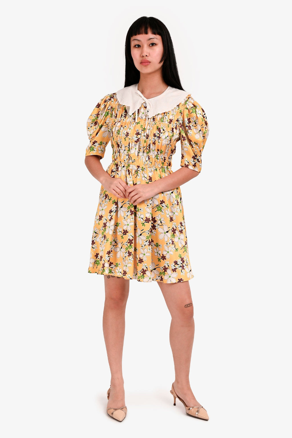 Miu Miu Yellow Floral Crepe Satin Peter Pan Collar Mini Dress Size 36