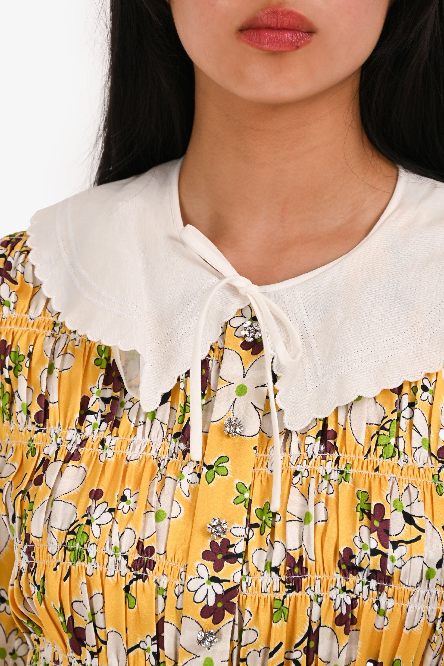 Miu Miu Yellow Floral Crepe Satin Peter Pan Collar Mini Dress Size 36