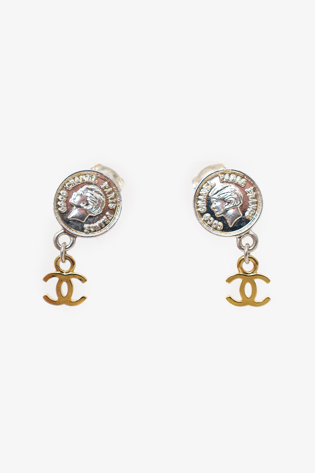 Pre-Loved Chanel™ 1997 Gold/Silver Tone Mademoiselle Coin CC Dangle Clip-on Earrings