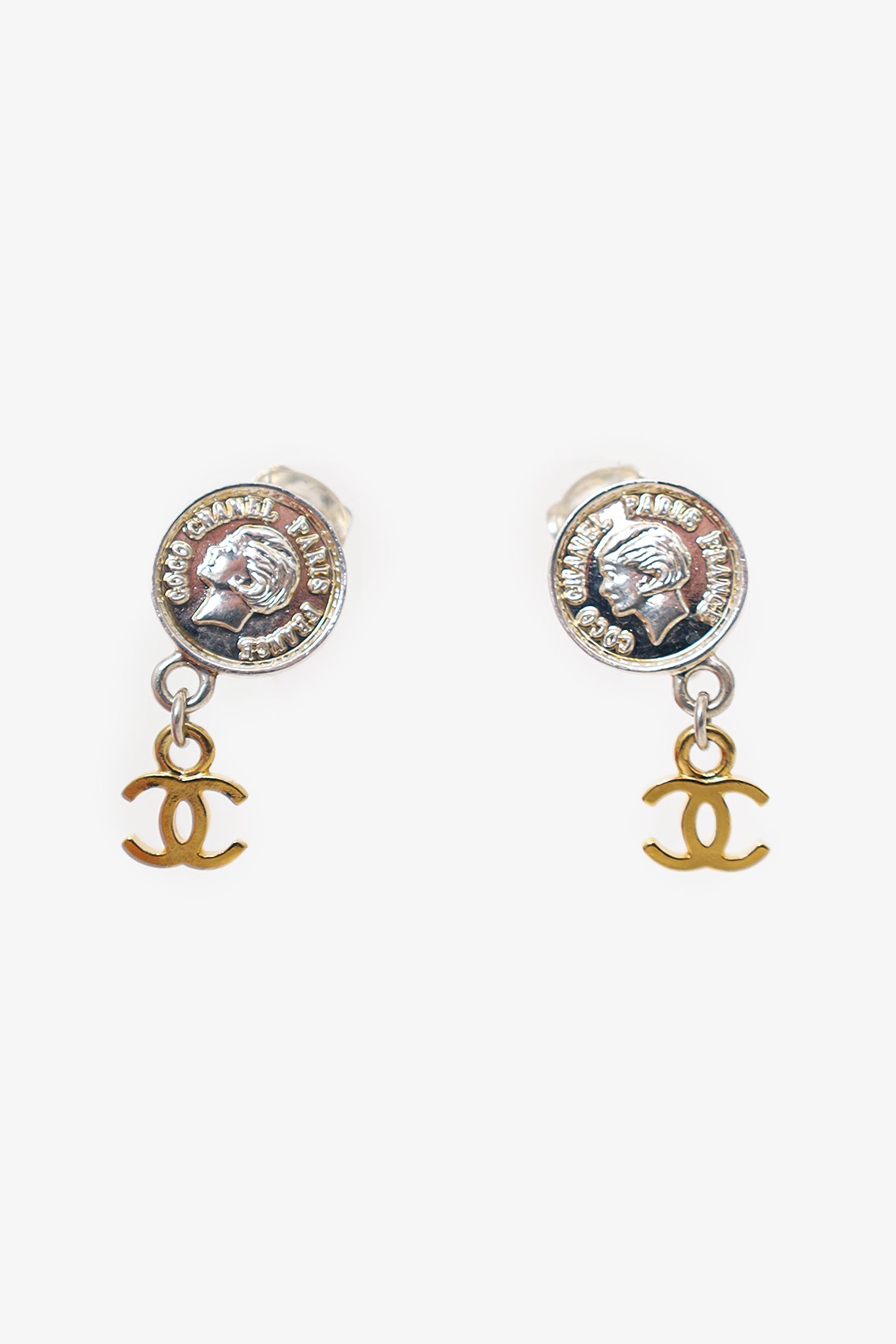 Pre-Loved Chanel™ 1997 Gold/Silver Tone Mademoiselle Coin CC Dangle Clip-on Earrings