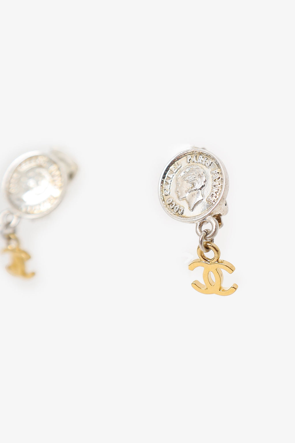 Pre-Loved Chanel™ 1997 Gold/Silver Tone Mademoiselle Coin CC Dangle Clip-on Earrings