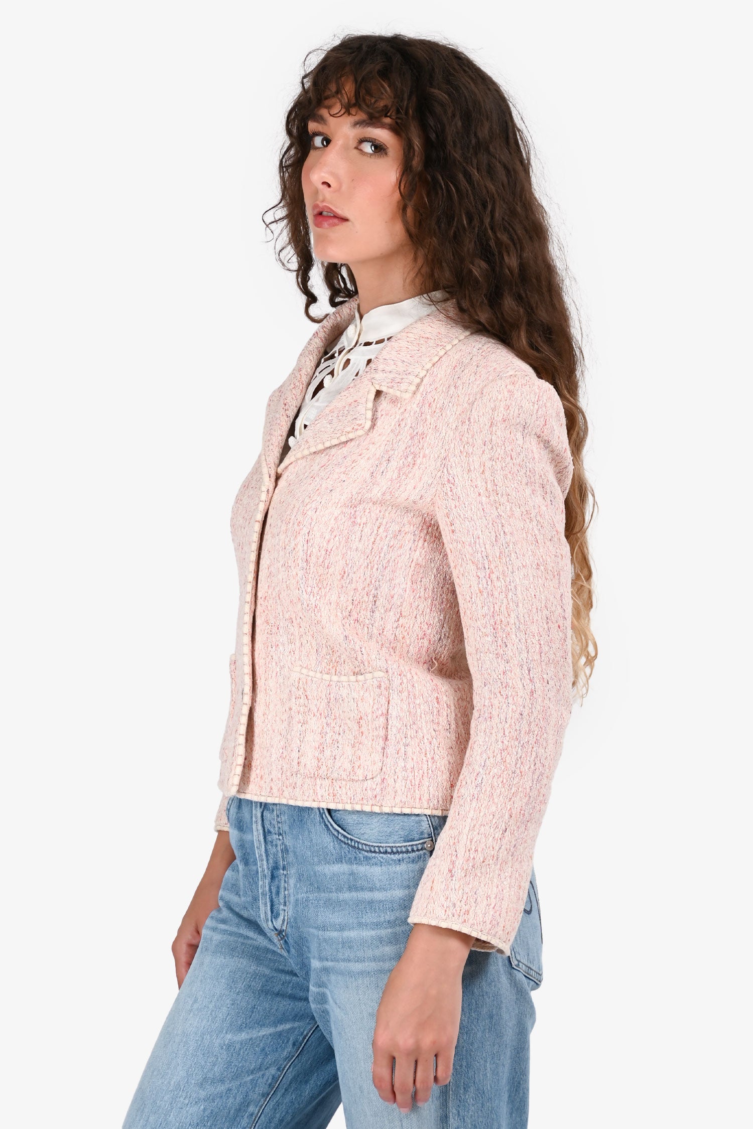 Pre-Loved Chanel™ Pink Silk Blend Tweed Single Breasted Blazer Size 38