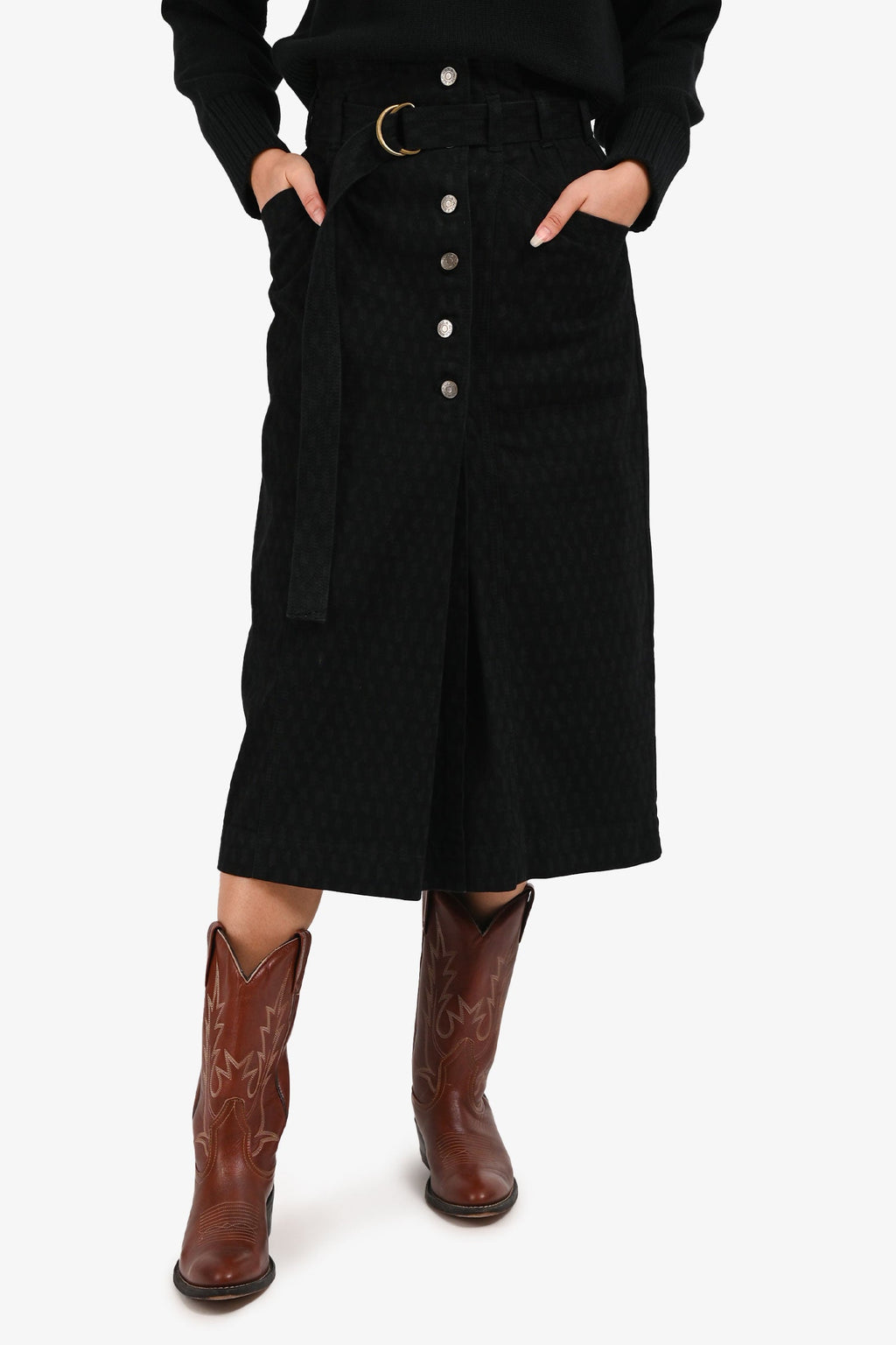 Ulla Johnson Black Denim Patterned Belted High Waisted Midi Skirt Size 00