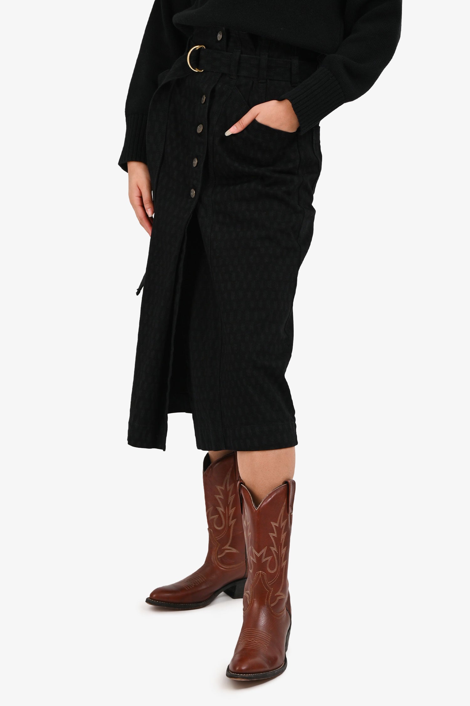 Ulla Johnson Black Denim Patterned Belted High Waisted Midi Skirt Size 00