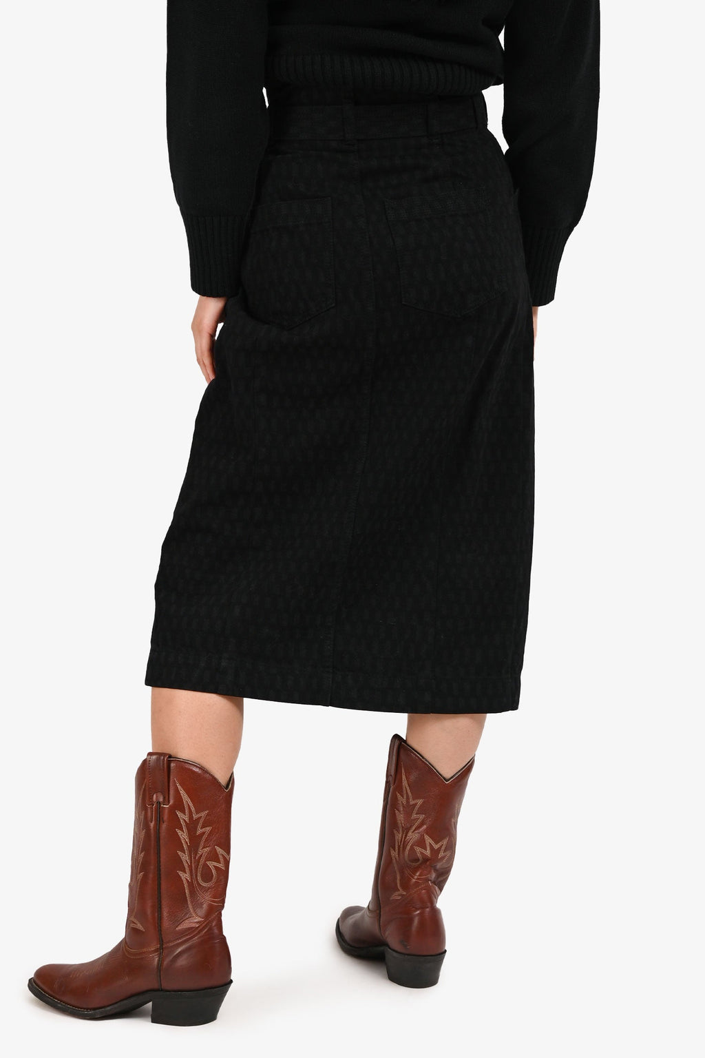Ulla Johnson Black Denim Patterned Belted High Waisted Midi Skirt Size 00