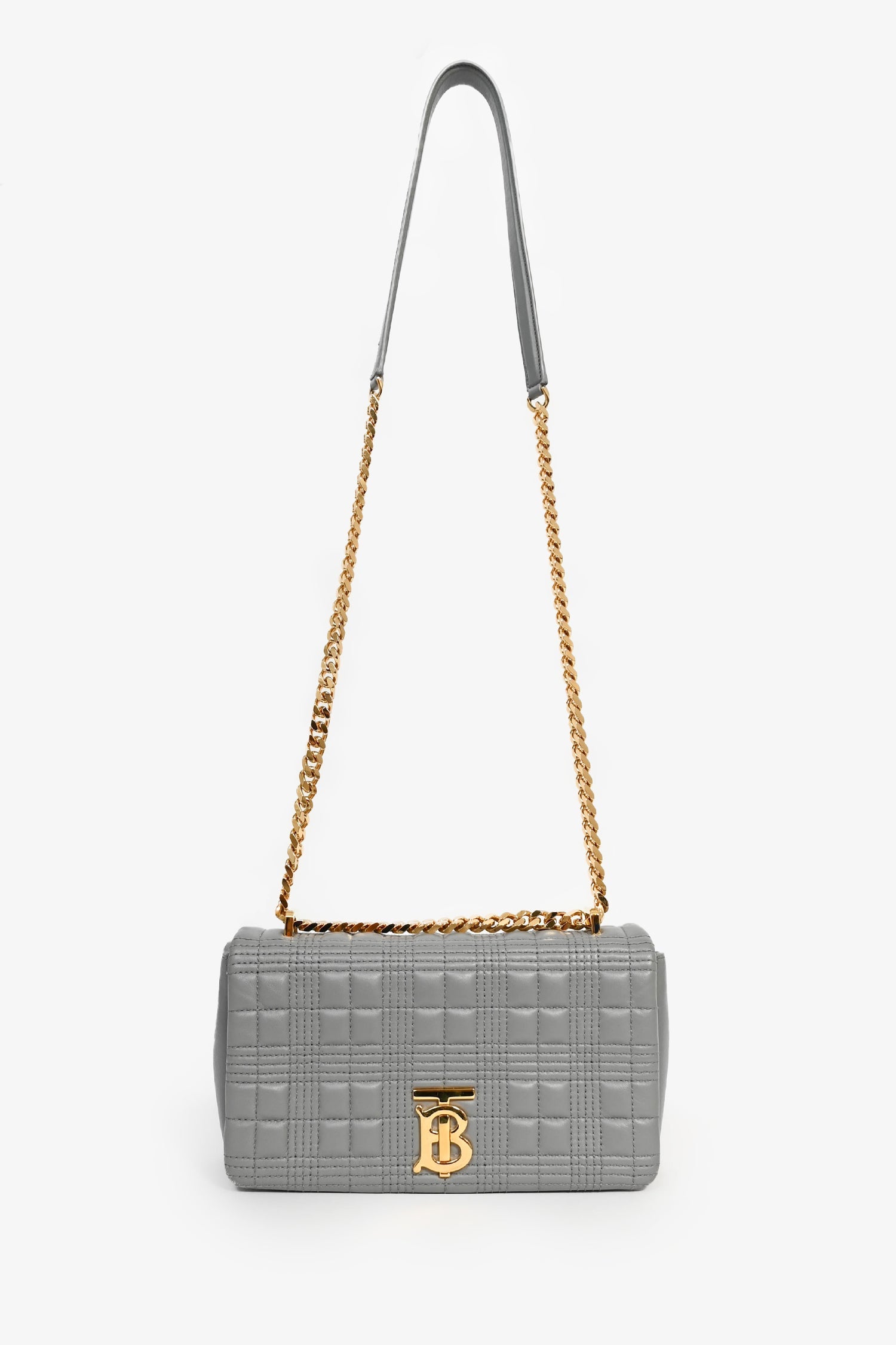 Burberry Grey Leather Quilted TB Logo Lola Flap Crossbody