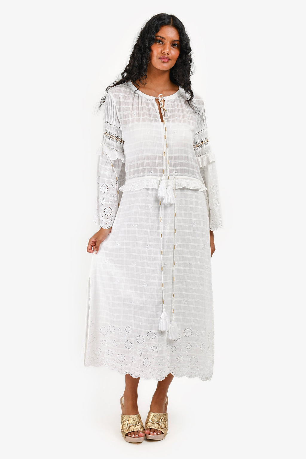 Misa Los Angeles White Patterned Tassel Detailed Midi Dress Size XS