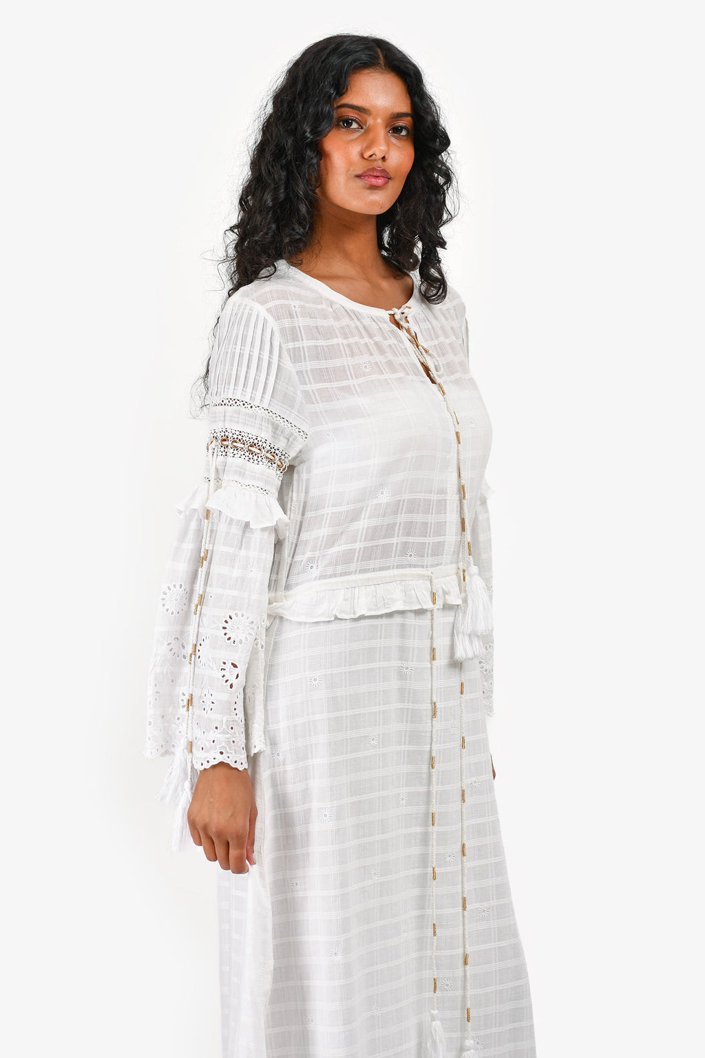 Misa Los Angeles White Patterned Tassel Detailed Midi Dress Size XS