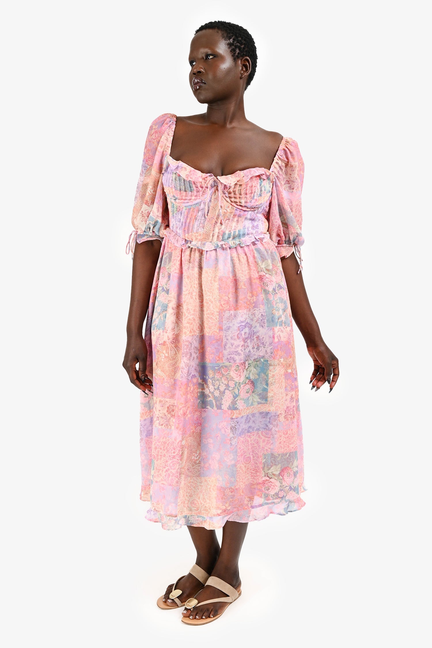 For Love & Lemons Pink/Purple Floral Printed Odessa Midi Dress Size M