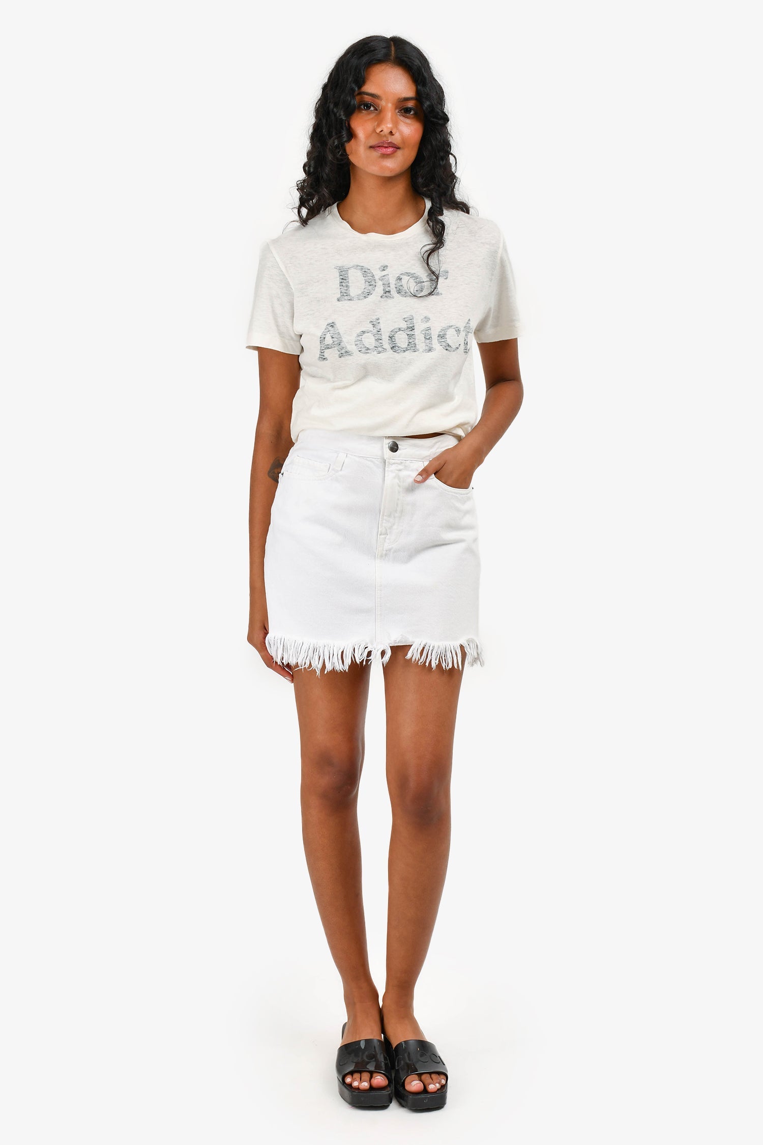 Frame White Denim Distressed Hem Mini Skirt Size 25