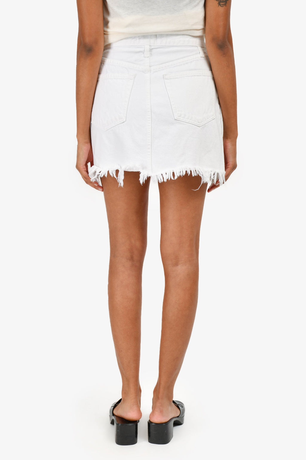 Frame White Denim Distressed Hem Mini Skirt Size 25