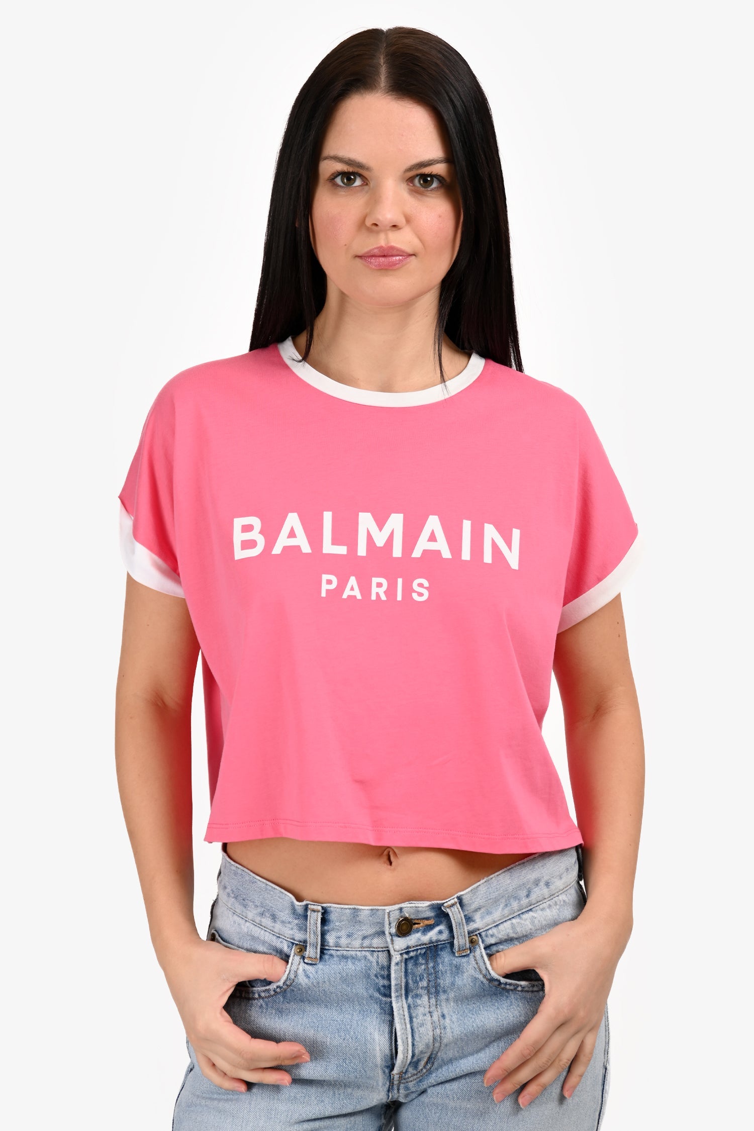 Balmain Pink/White Logo Crop T-Shirt Size M