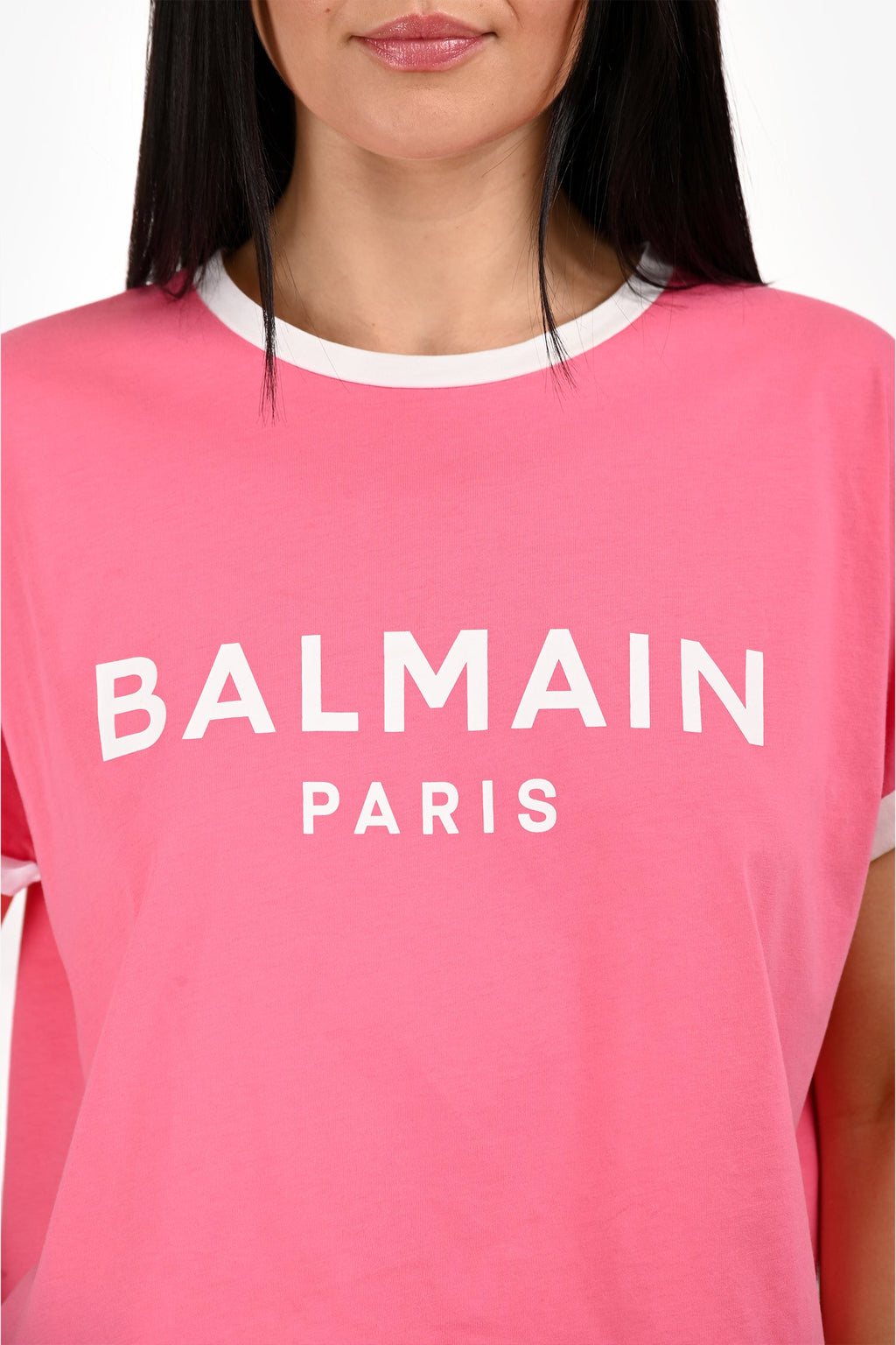 Balmain Pink/White Logo Crop T-Shirt Size M