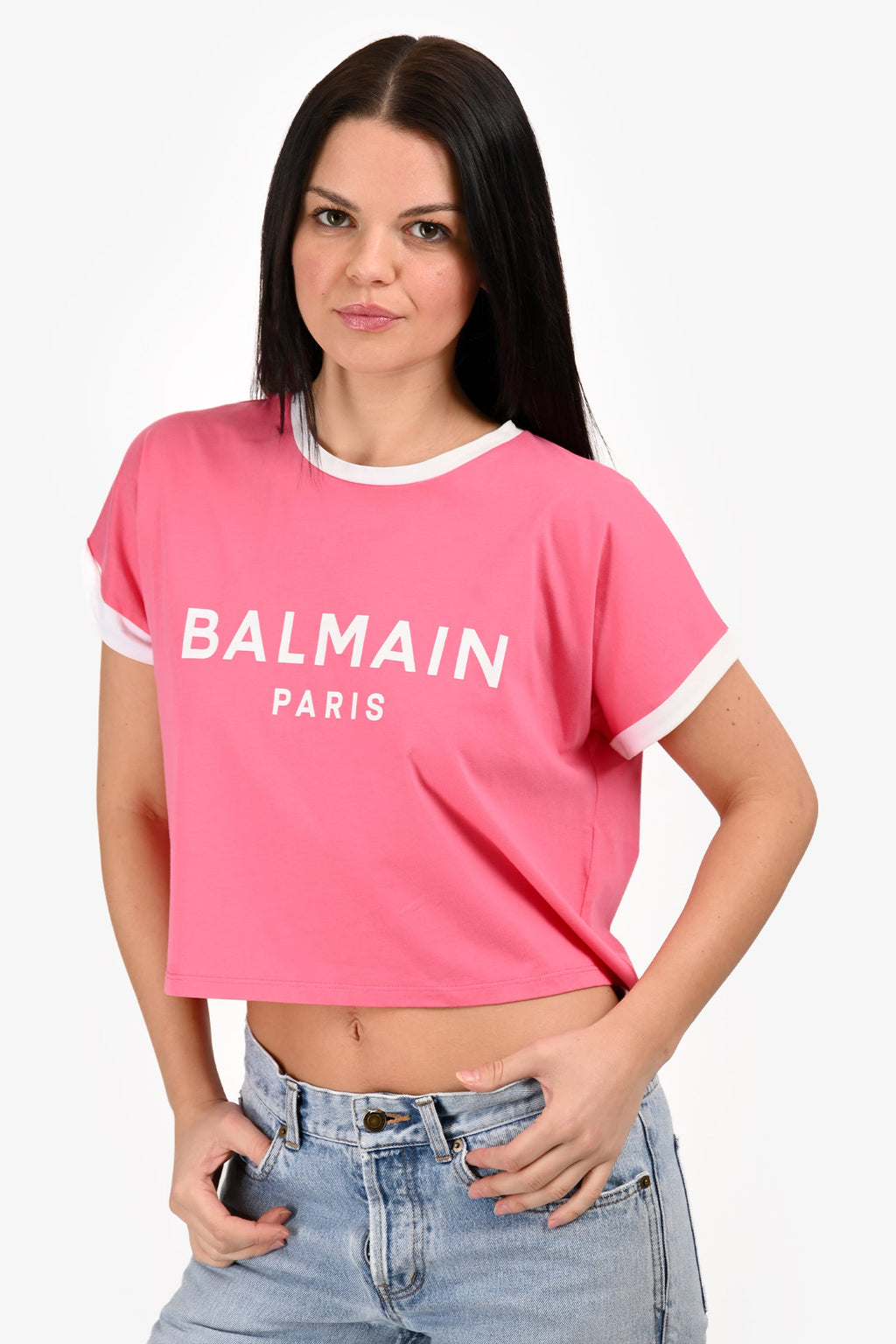 Balmain Pink/White Logo Crop T-Shirt Size M