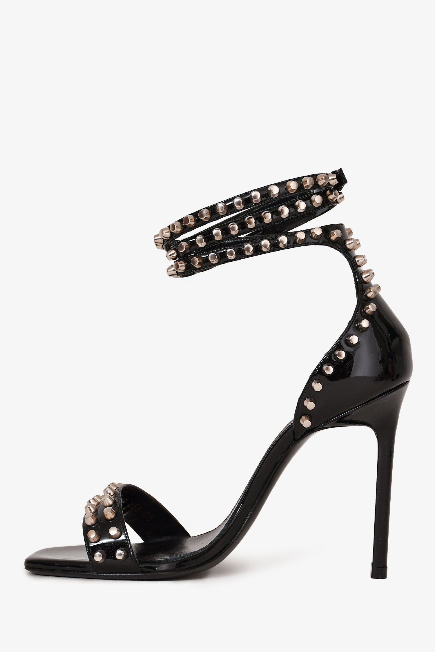 Saint Laurent Black Patent Leather Studded Sandal Heels Size 35