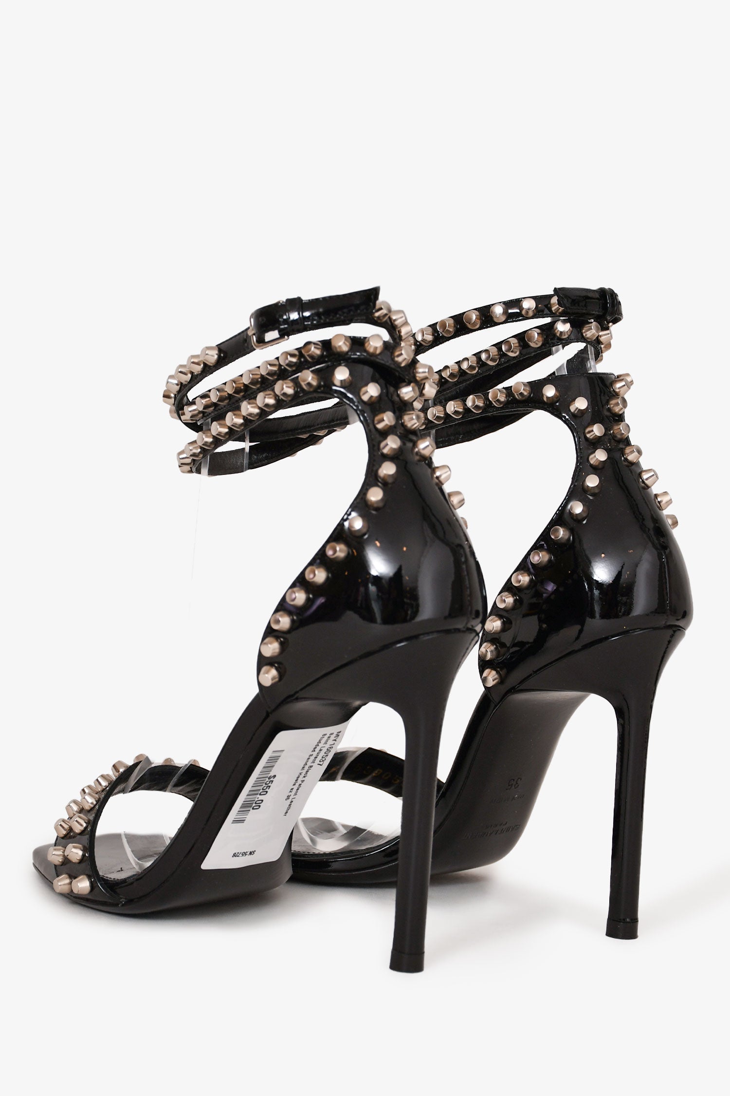 Saint Laurent Black Patent Leather Studded Sandal Heels Size 35