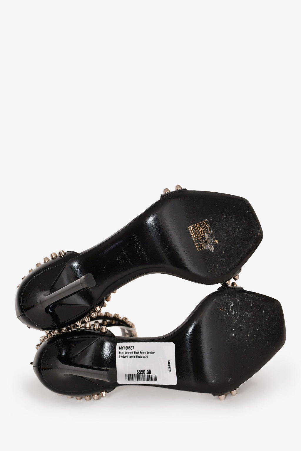 Saint Laurent Black Patent Leather Studded Sandal Heels Size 35