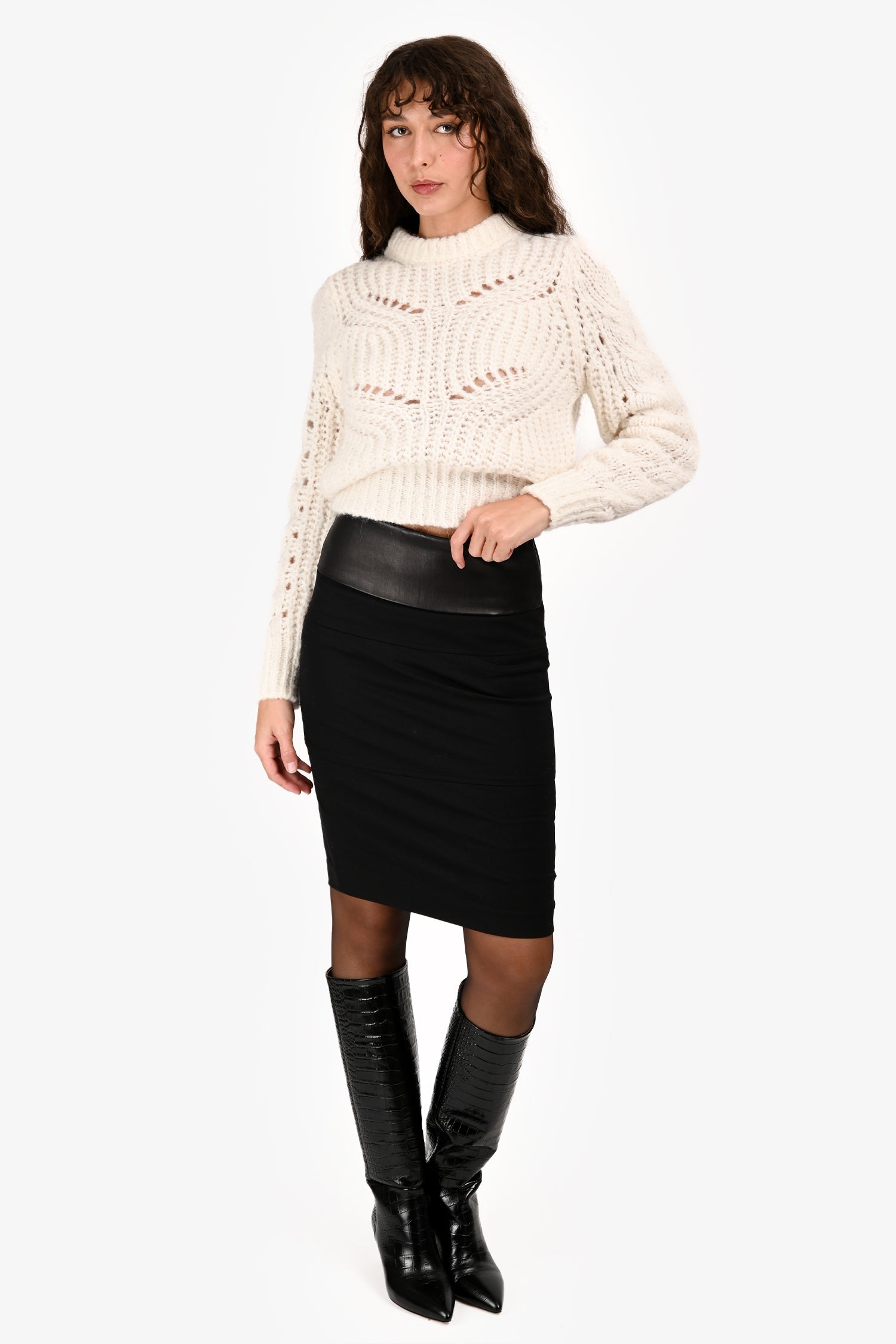 Brunello Cucinelli Black Wool/Leather Knee Length Skirt Size 38