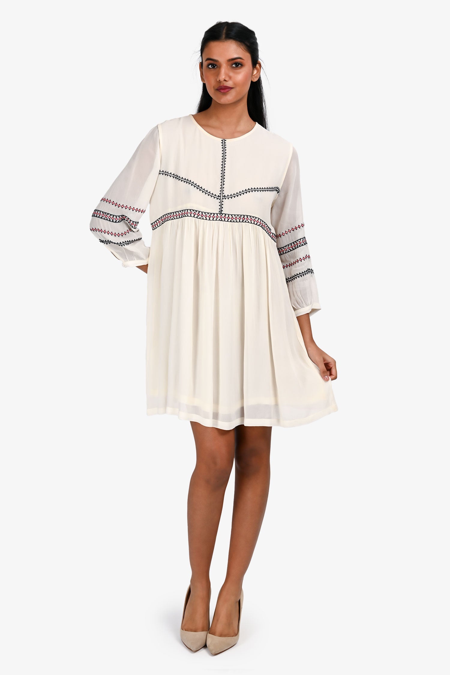 ba&sh Cream/Pink Embroidered Knee Length Dress Size XS