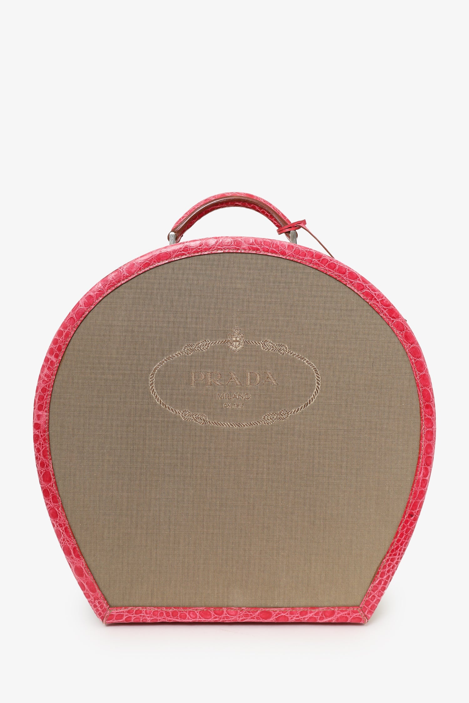 Prada Beige Canvas Pink Crocodile Trim Hat Box