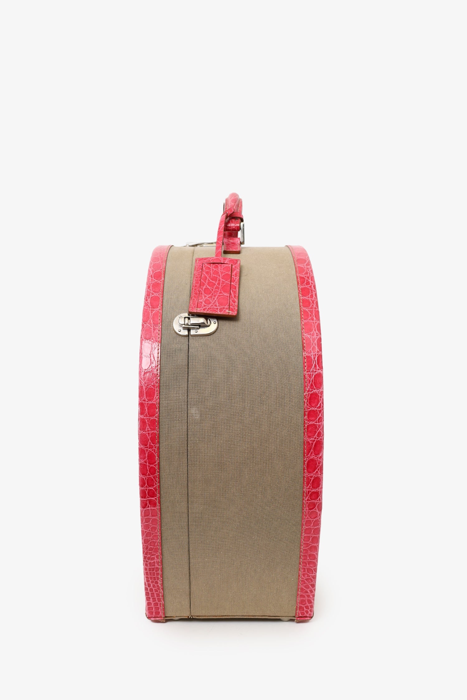 Prada Beige Canvas Pink Crocodile Trim Hat Box