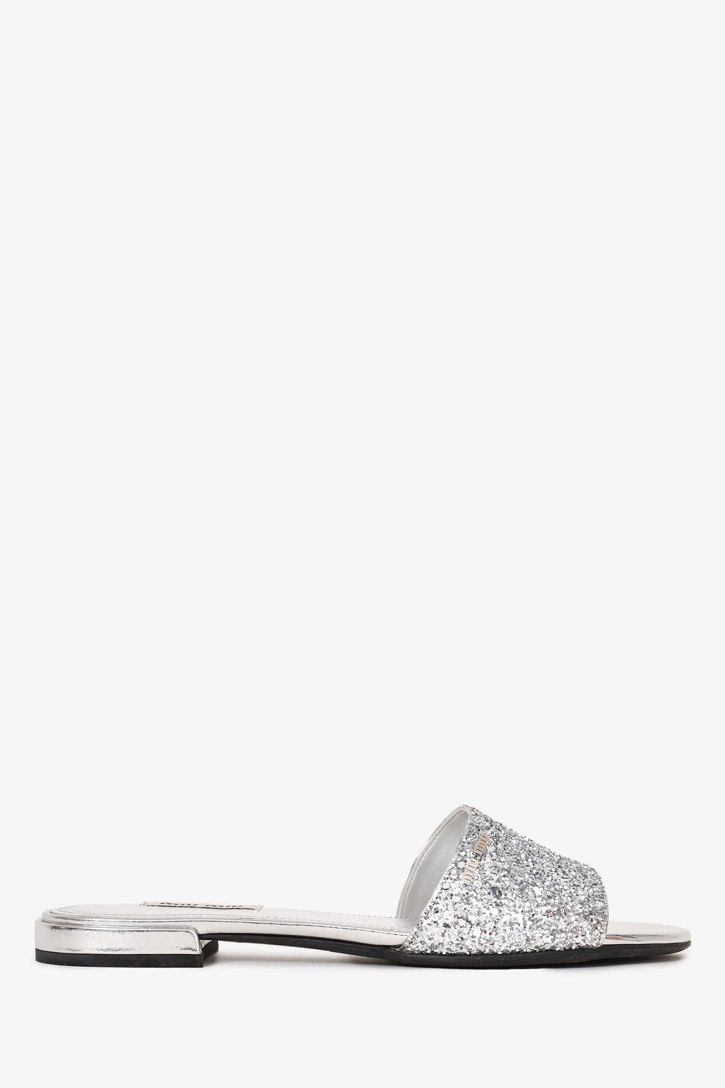 Miu Miu Silver Metallic Leather Glittered Slides Size 36