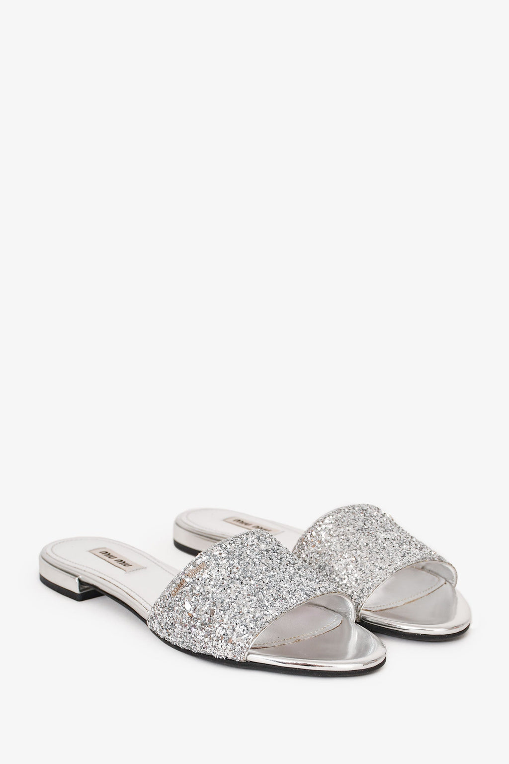 Miu Miu Silver Metallic Leather Glittered Slides Size 36