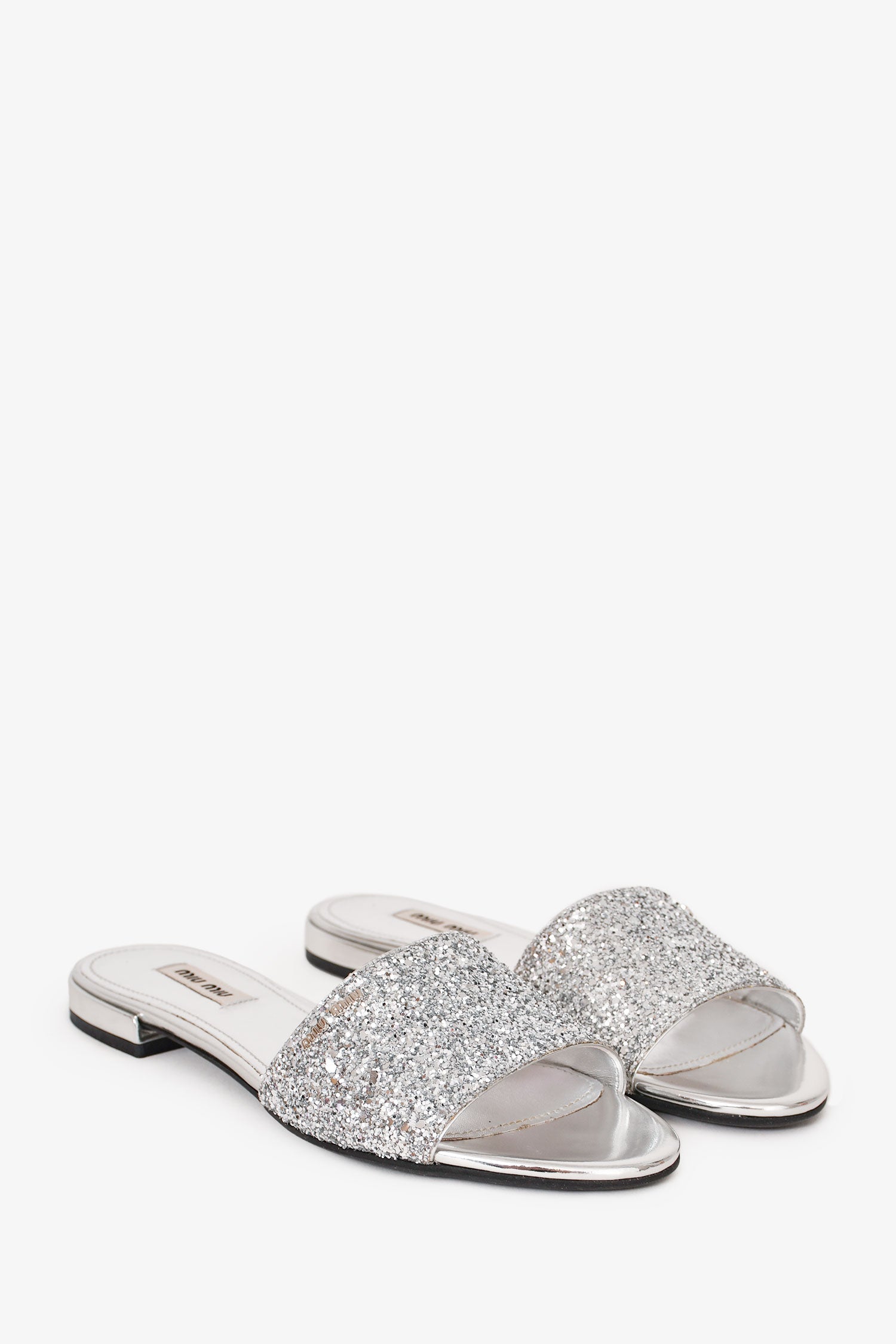 Miu Miu Silver Metallic Leather Glittered Slides Size 36