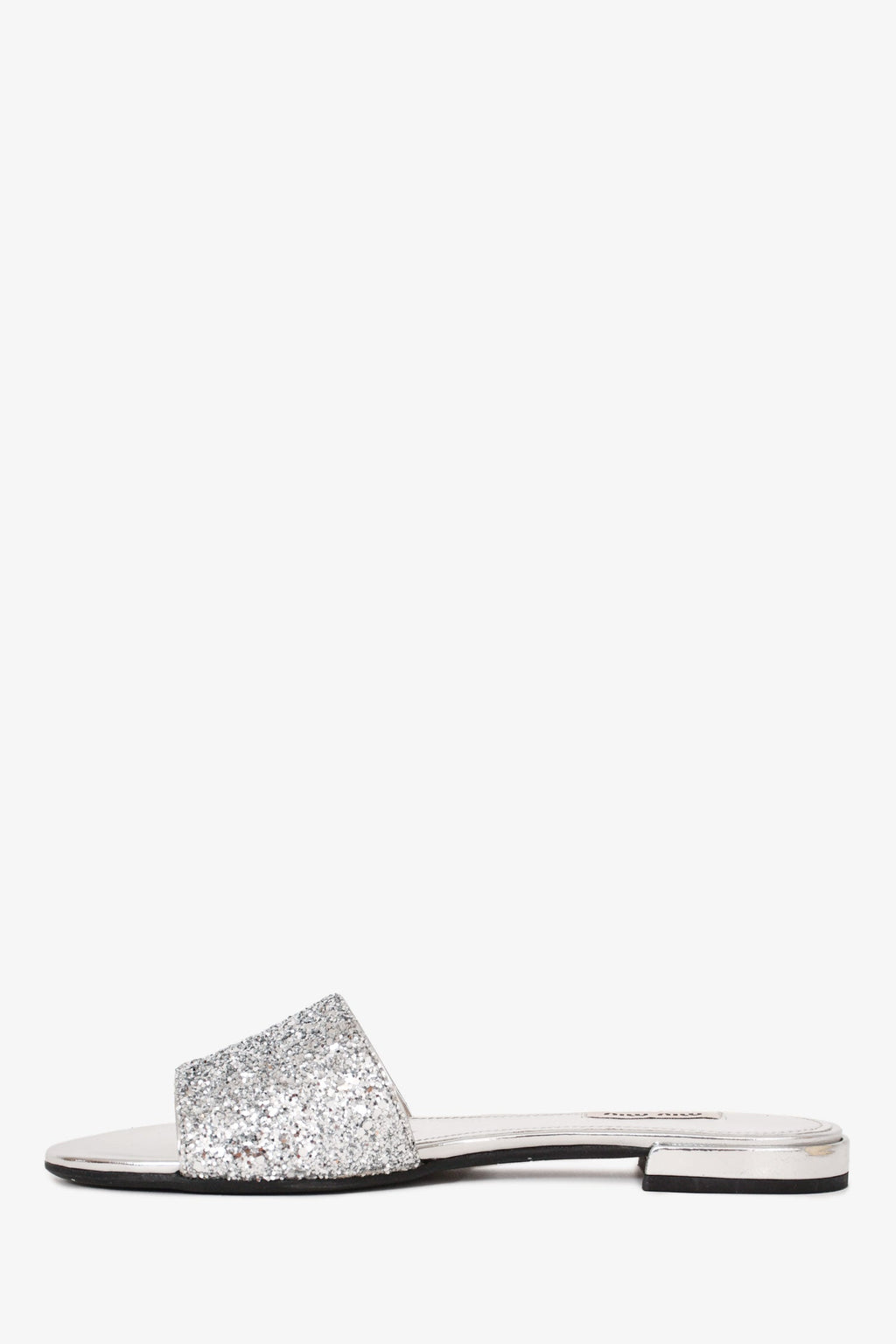 Miu Miu Silver Metallic Leather Glittered Slides Size 36