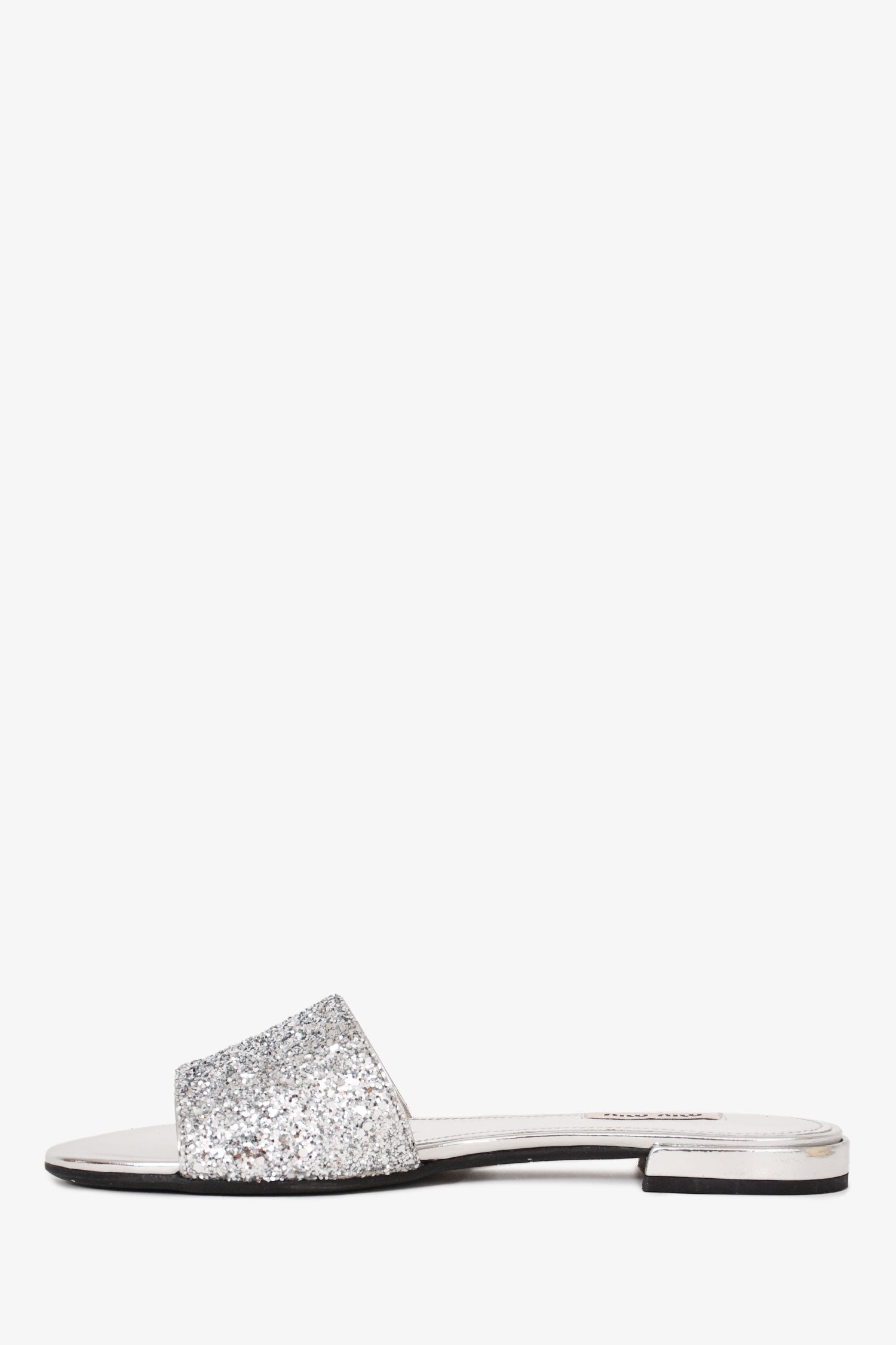 Miu Miu Silver Metallic Leather Glittered Slides Size 36