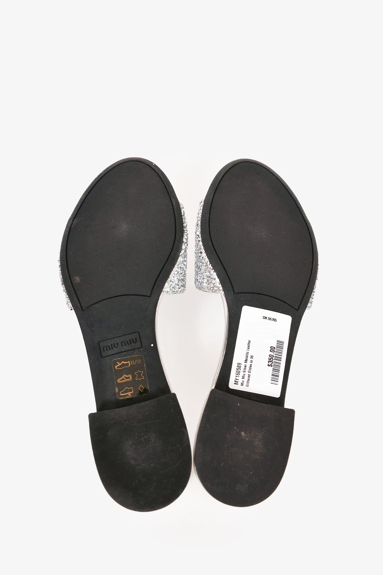 Miu Miu Silver Metallic Leather Glittered Slides Size 36