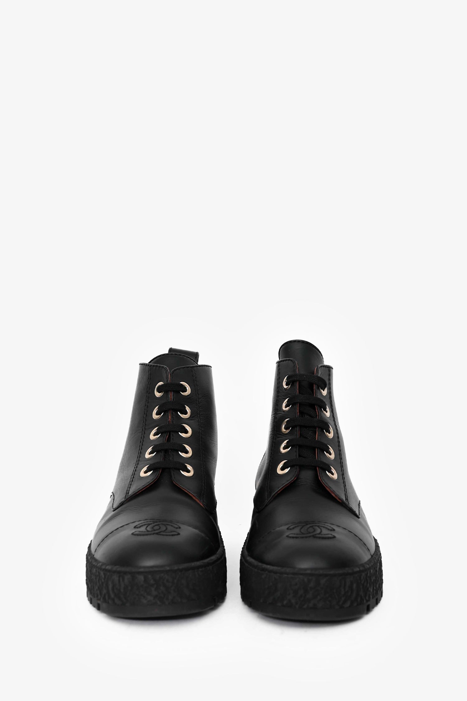 Pre-Loved Chanel™ Black Leather Lace Ankle Boots Size 39