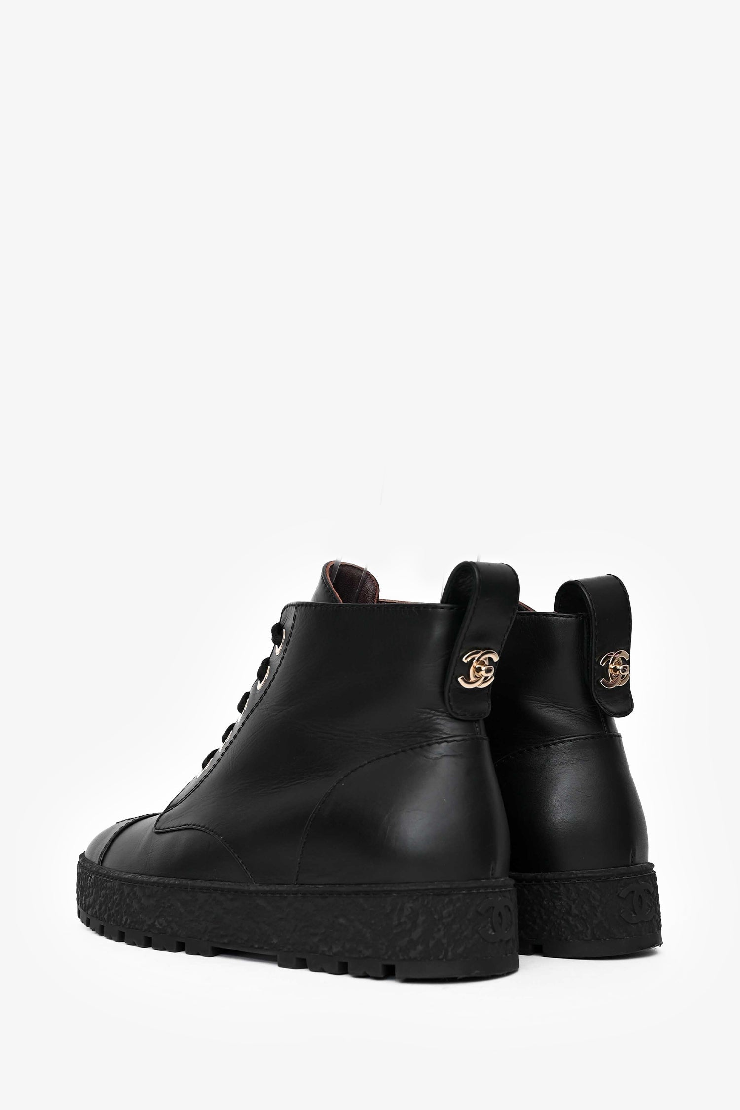 Pre-Loved Chanel™ Black Leather Lace Ankle Boots Size 39