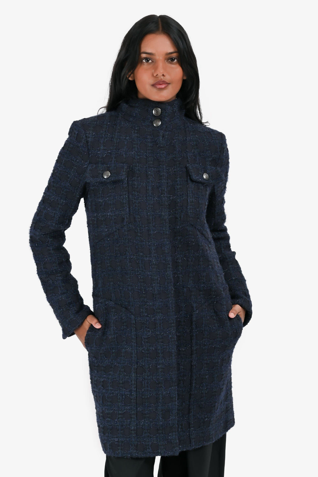 Pre-Loved Chanel™ Navy/Black Wool Metallic Tweed Knee Length Jacket Size 38