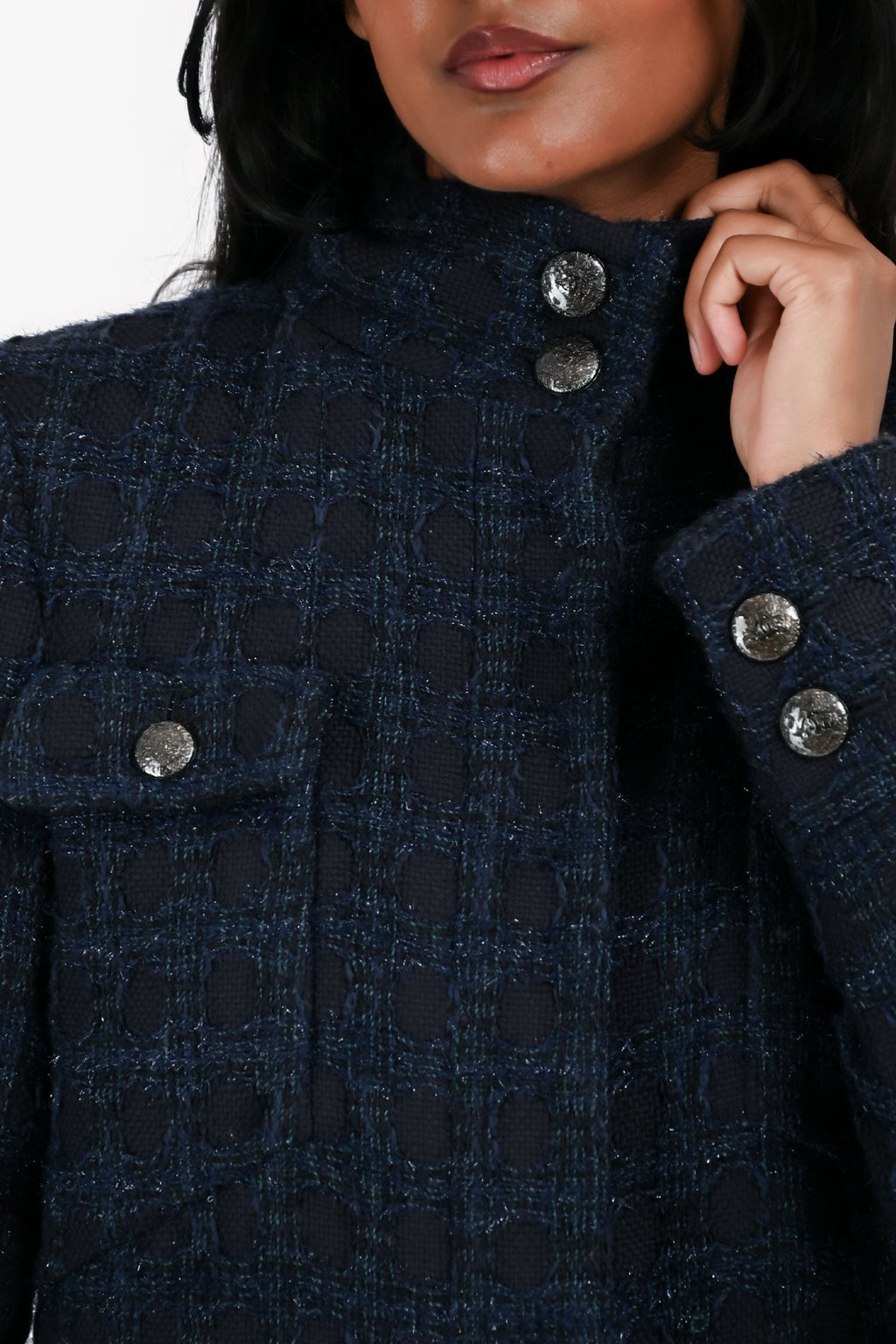 Pre-Loved Chanel™ Navy/Black Wool Metallic Tweed Knee Length Jacket Size 38
