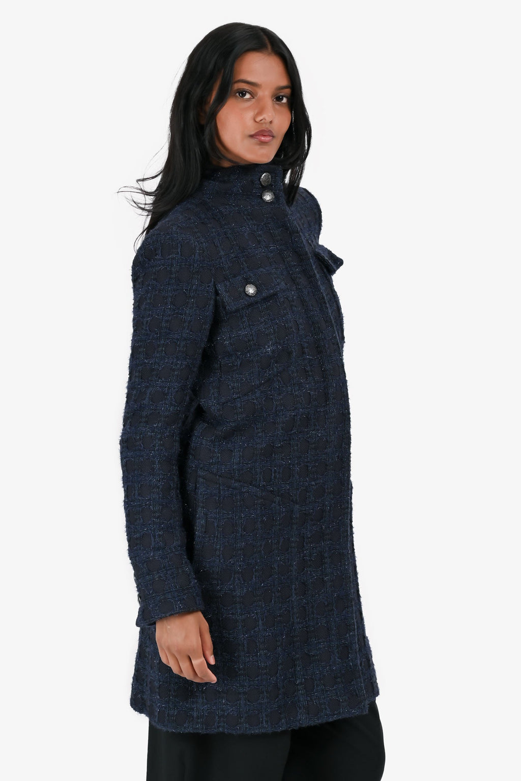 Pre-Loved Chanel™ Navy/Black Wool Metallic Tweed Knee Length Jacket Size 38