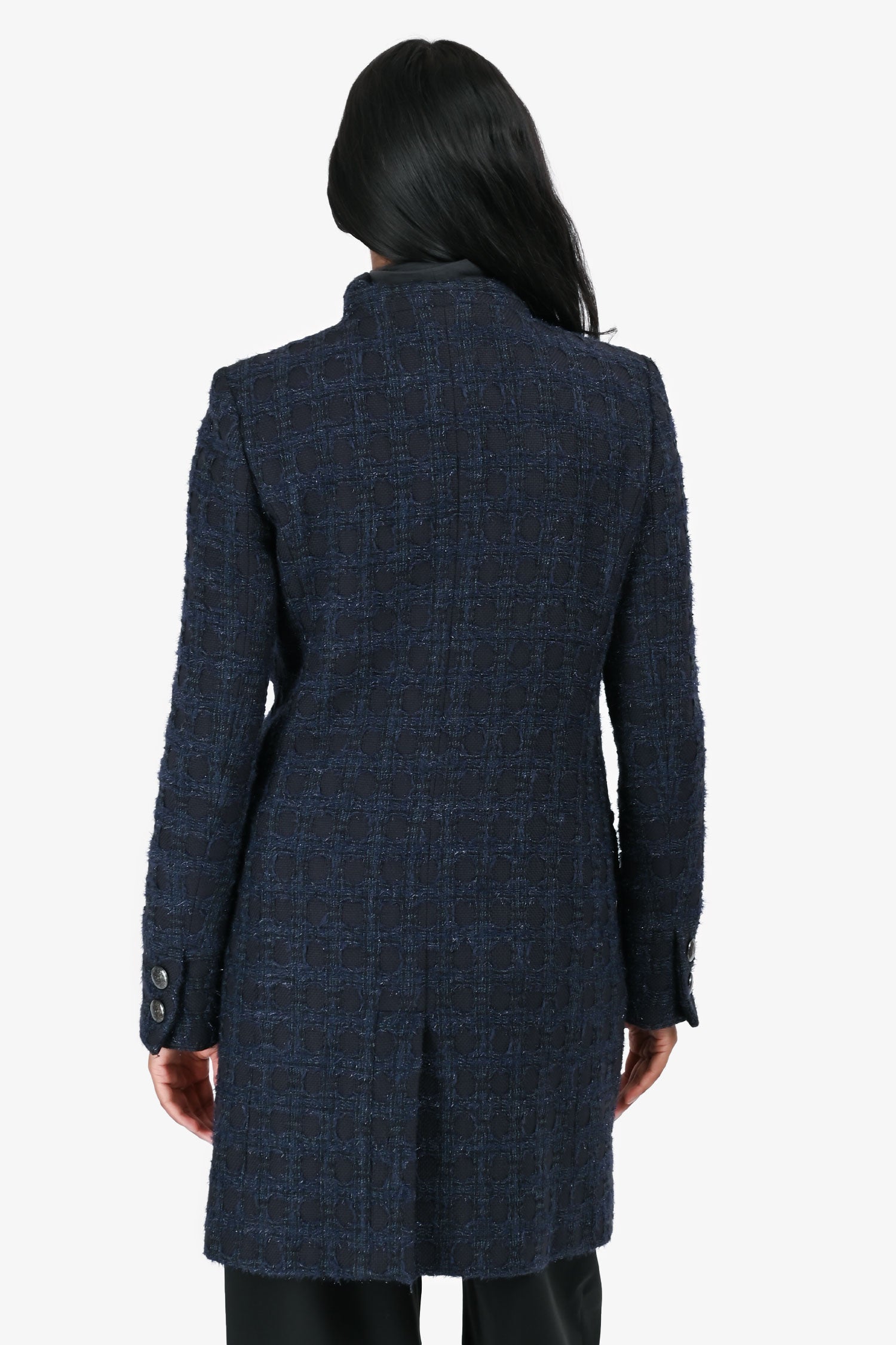 Pre-Loved Chanel™ Navy/Black Wool Metallic Tweed Knee Length Jacket Size 38