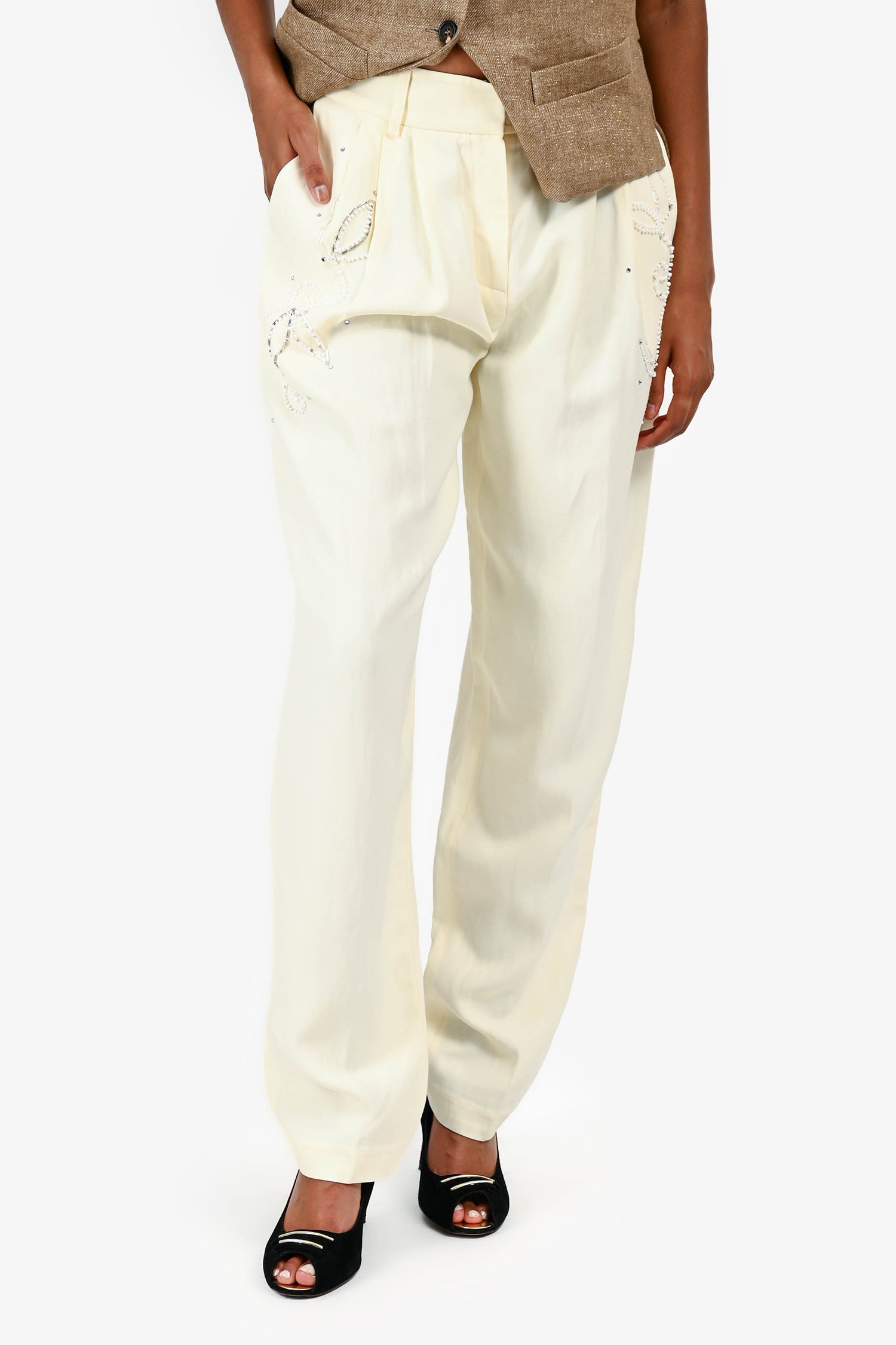 Magda Butrym Cream Beaded Trousers Size 36