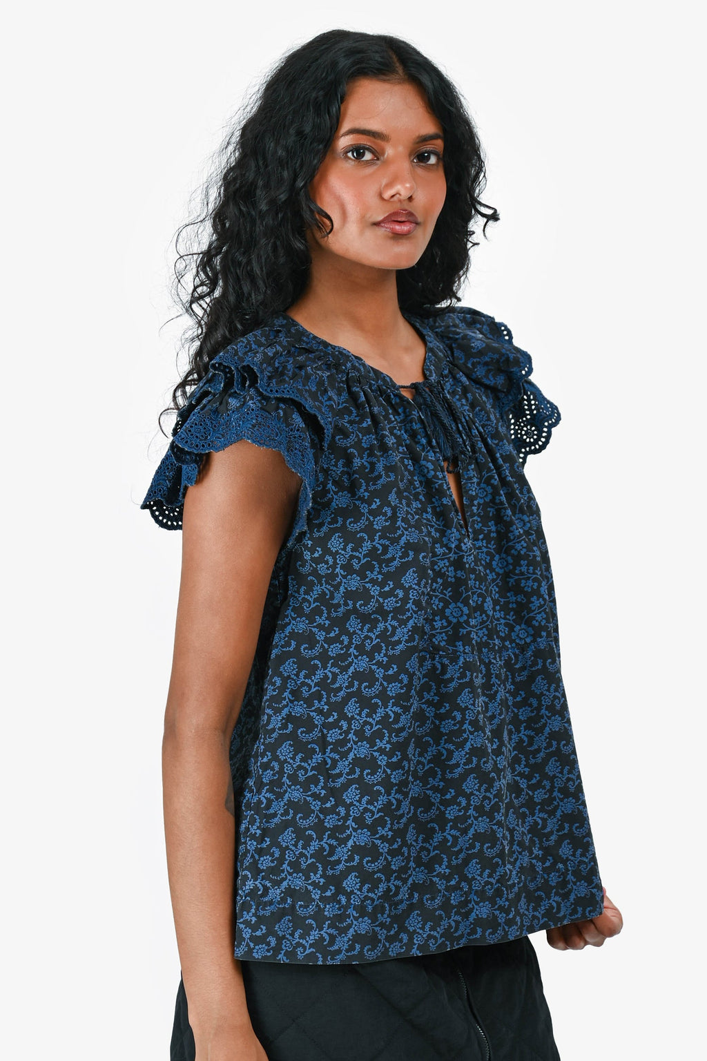 Ulla Johnson Blue/Black Eyelet Top Ruffle Sleeve Top Size 4