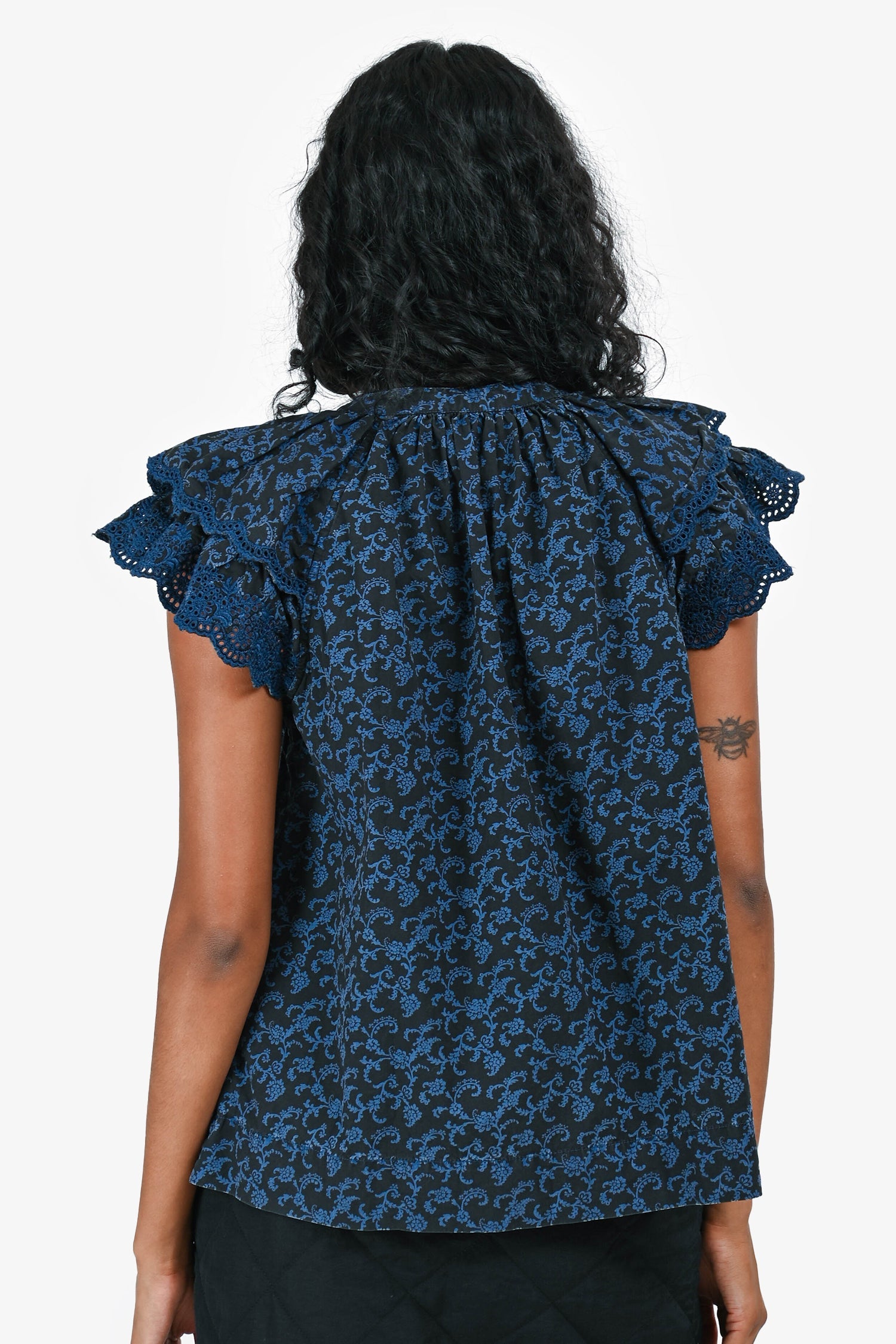 Ulla Johnson Blue/Black Eyelet Top Ruffle Sleeve Top Size 4