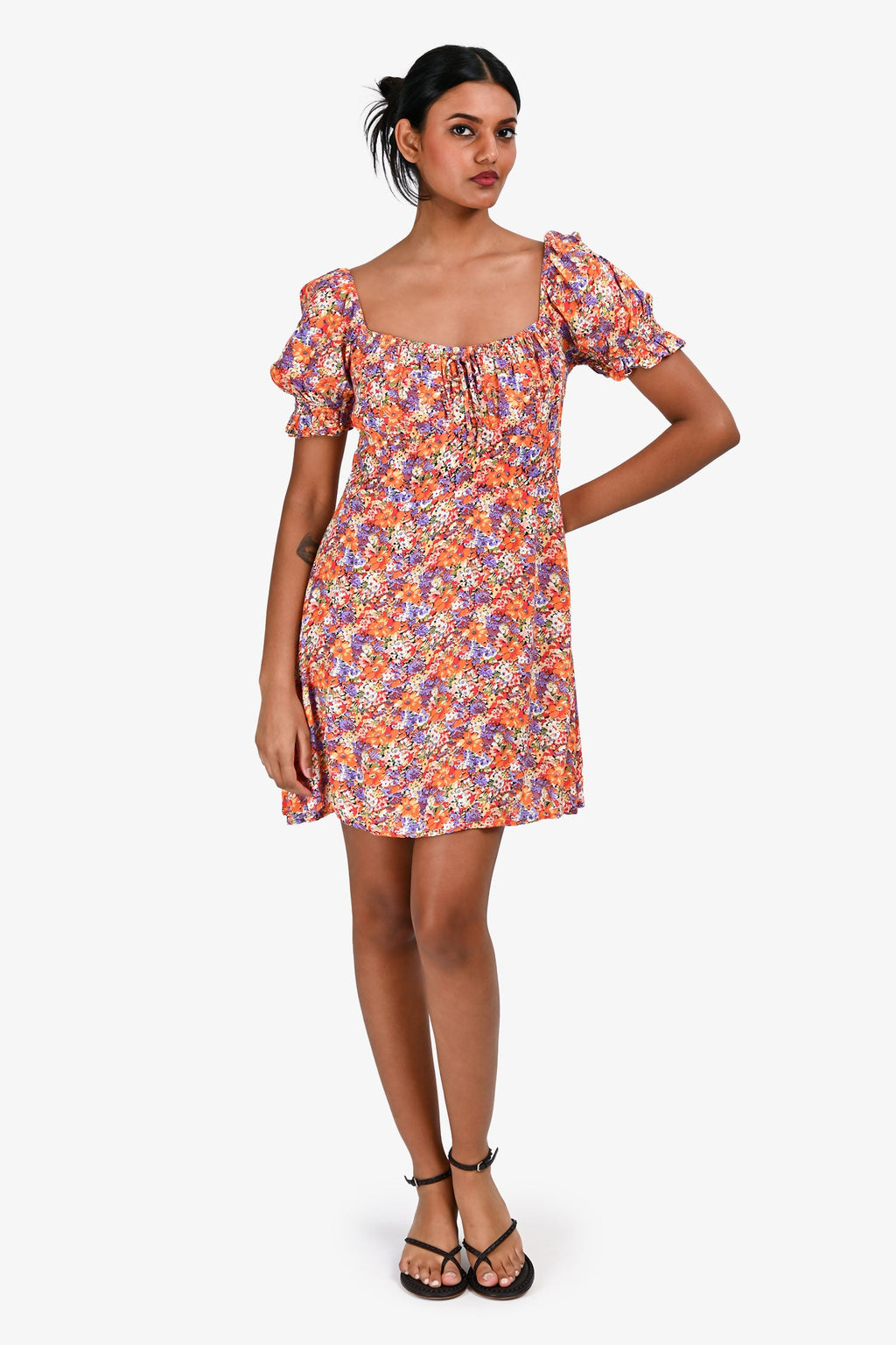 Faithfull The Brand Orange/Purple/White ‘Iris’ Floral Mini Dress Size M