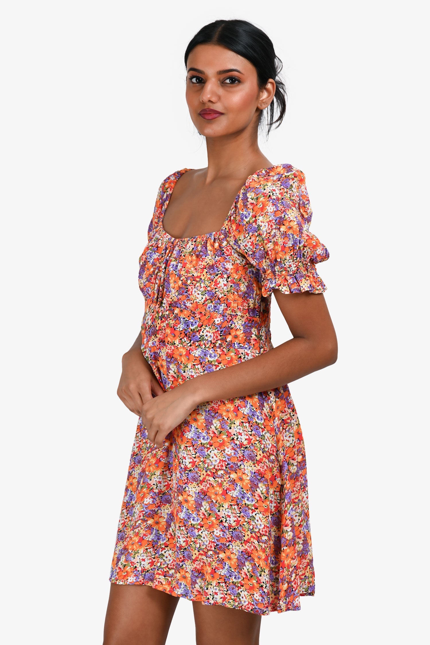 Faithfull The Brand Orange/Purple/White ‘Iris’ Floral Mini Dress Size M