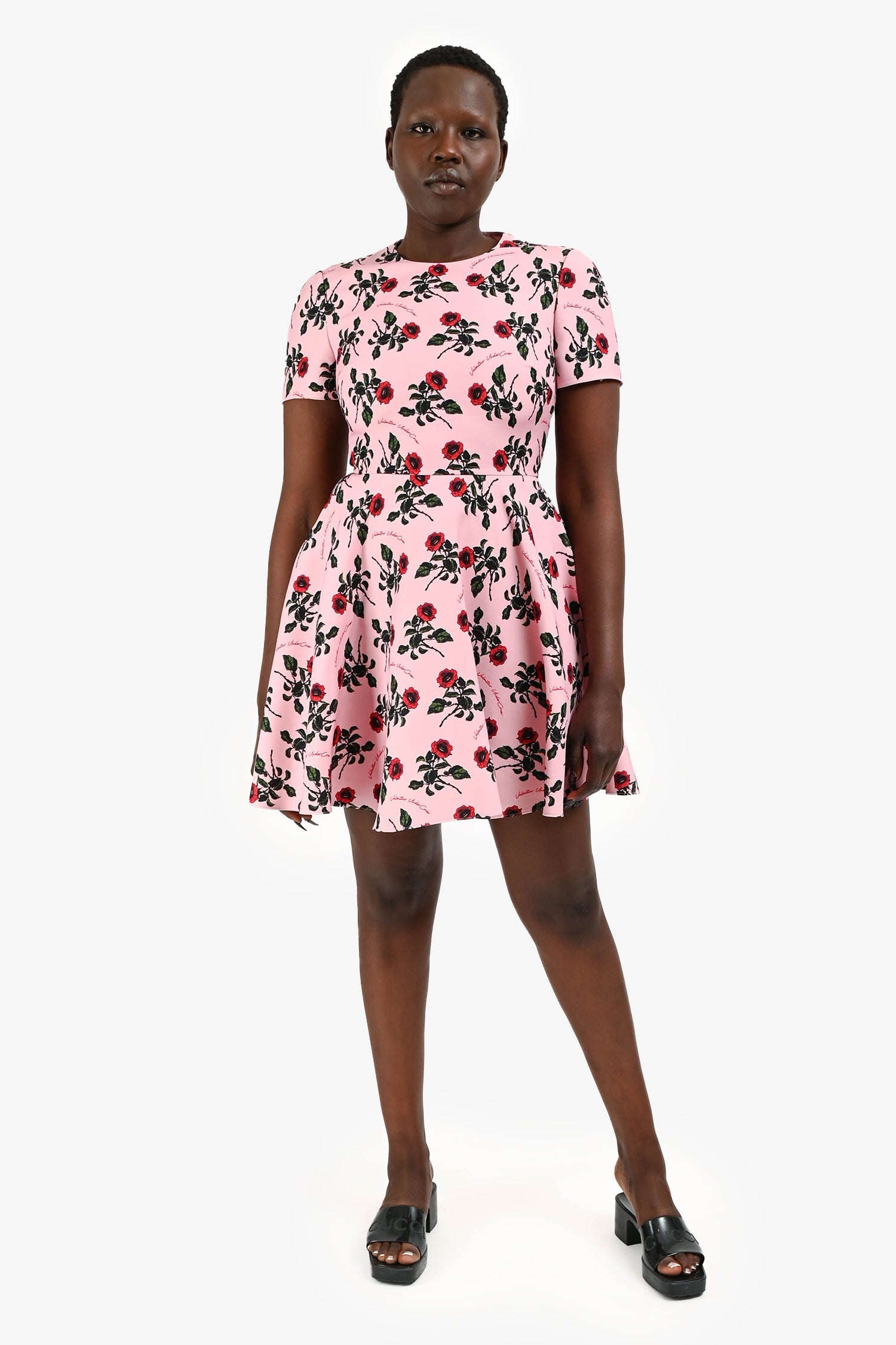 Valentino Pink/ Red Rose Printed 'Cady' Mini Dress Size 42