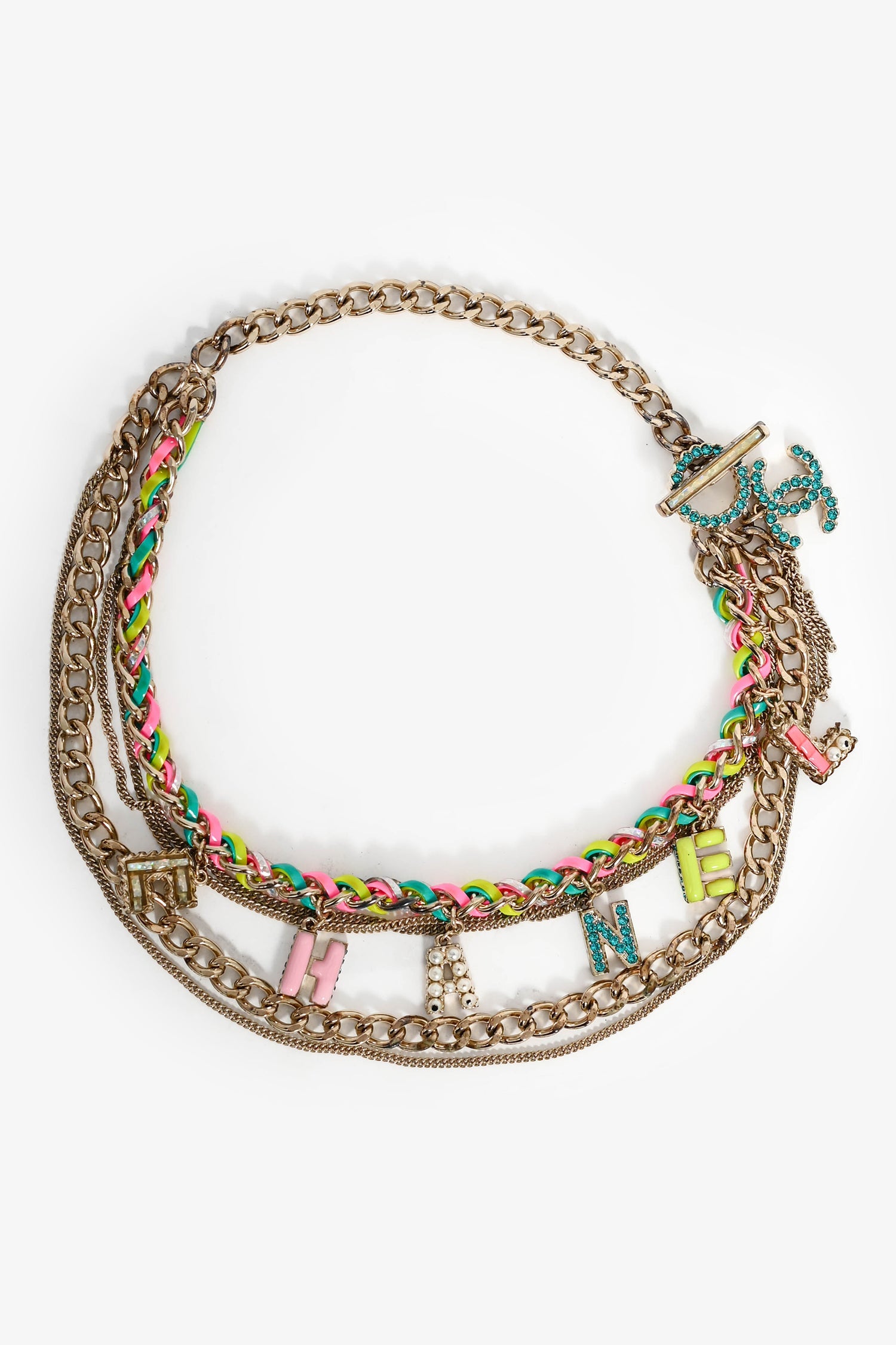 Pre-Loved Chanel™ 2024 Gold Toned Pink Enamel CC Hoops 2017 Gold Toned Multi-Coloured Logo Multi-Strand Necklace