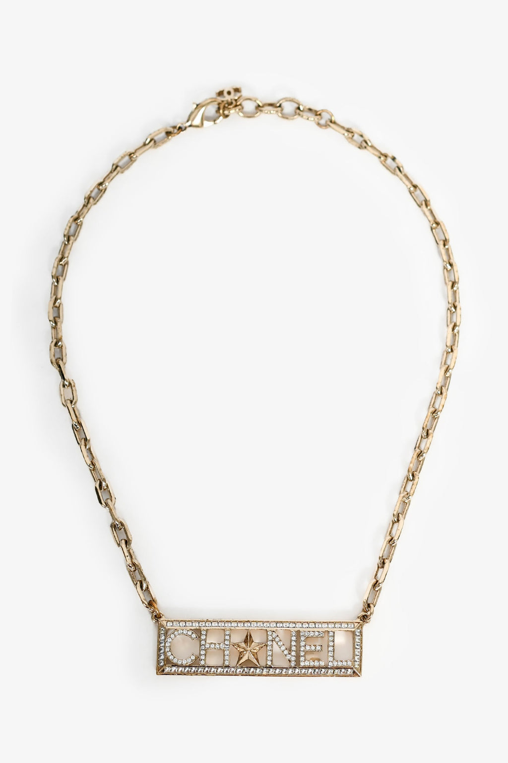 Pre-Loved Chanel™ 2017 Gold Toned Crystal Embellished Logo Star Choker Necklace